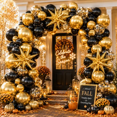 FYUVH Black and Gold Balloon Garland Arch Kit with Star Balloons