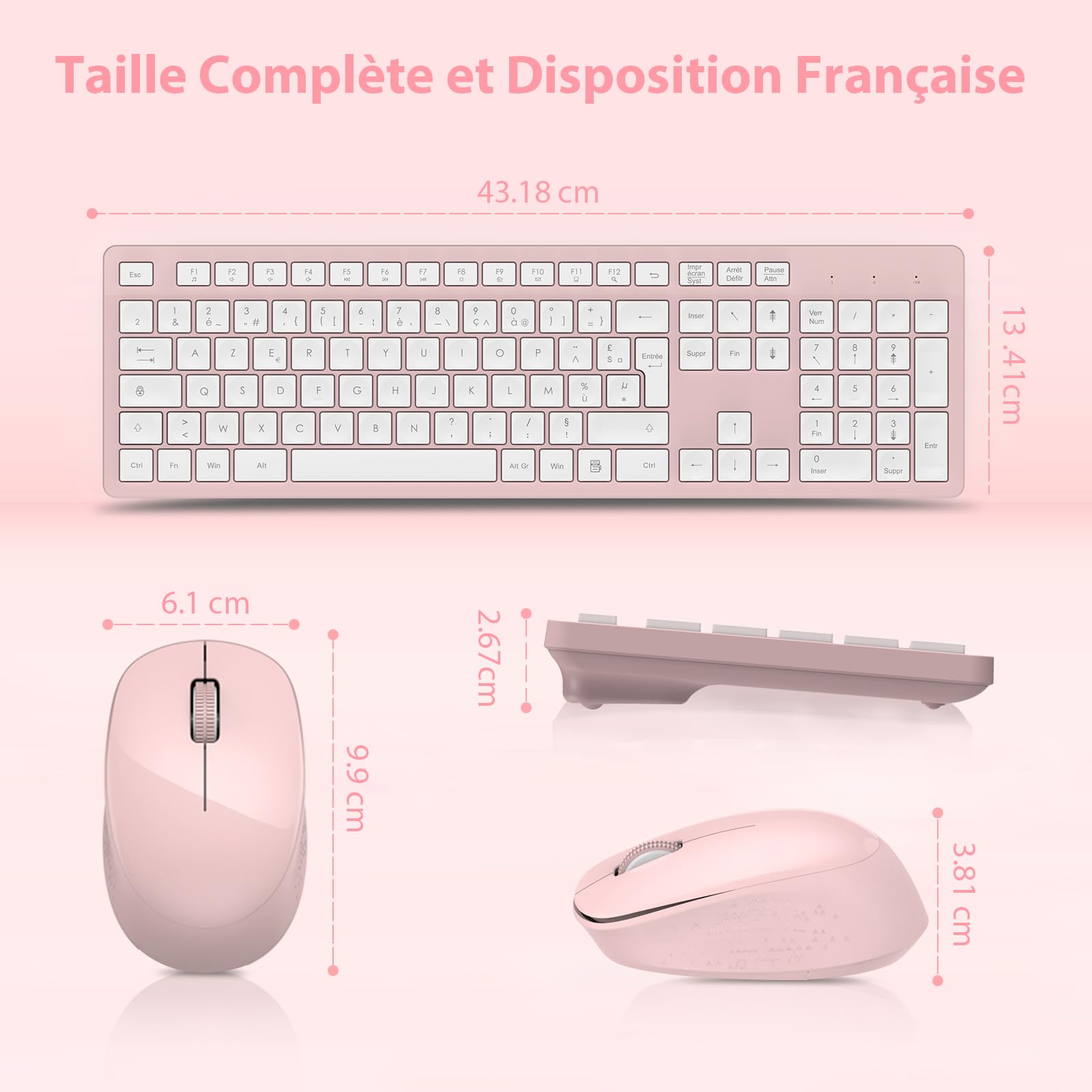 LeadsaiL Ensemble Clavier et Souris sans Fil, Ultra Mince and Silencieux Clavier AZERTY Français Pleine Taille 2.4G avec Récepteur USB pour PC, Ordinateur Portable, Windows, Mac -Rose