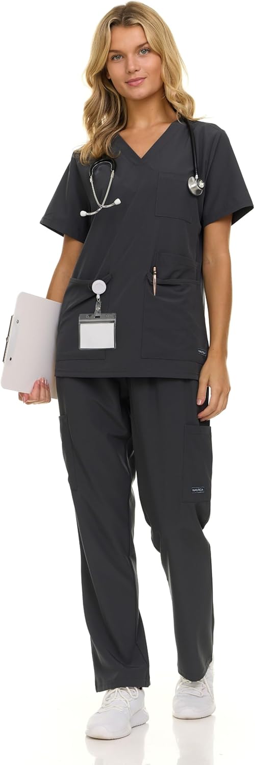 Nautica Women's Scrub Set, 9-Pocket Breathable & Stretchy Pants & Tops