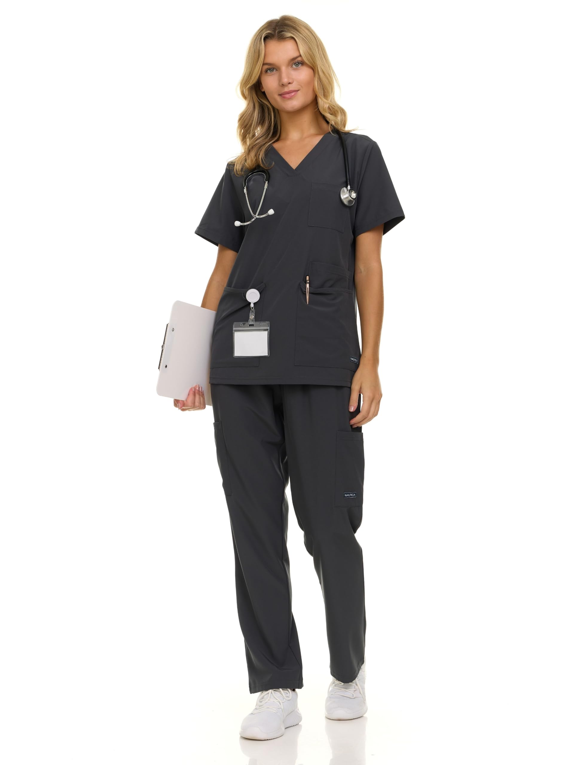 Nautica Scrubs for Women Set of 2 - Medical Nursing Stretch Top & Pants