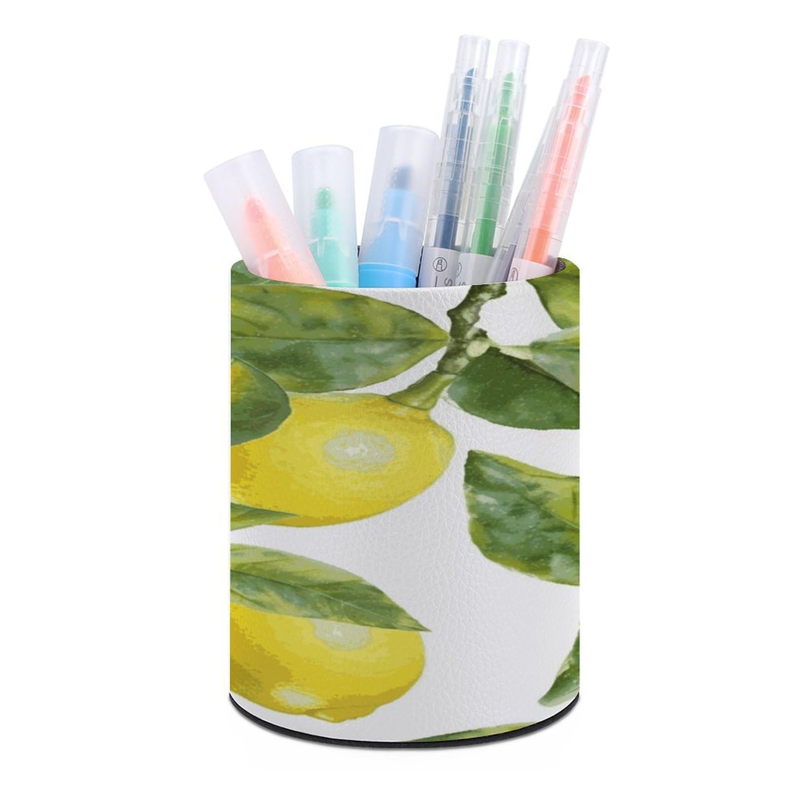 MUSM Lemon Branch Leaves Pen Holder Round PU Leather Pencil Cup Waterproof Pencil Holder for Desk Pen Cup Pen Organizer Pencil Organizer Makeup Brush Holders for Home Office Decor