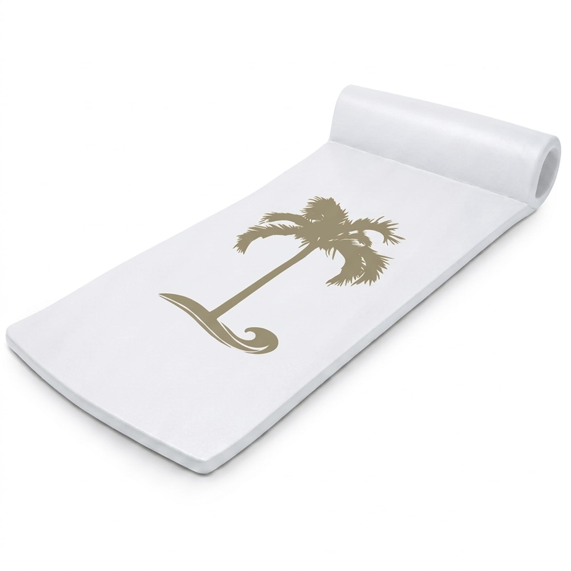 TRC Recreation Sunsation 1.75” Thick Vinyl Coated Foam Swimming Pool Float Mat Adult Lounger with Built-In Roll Pillow, White/Bronze Palm