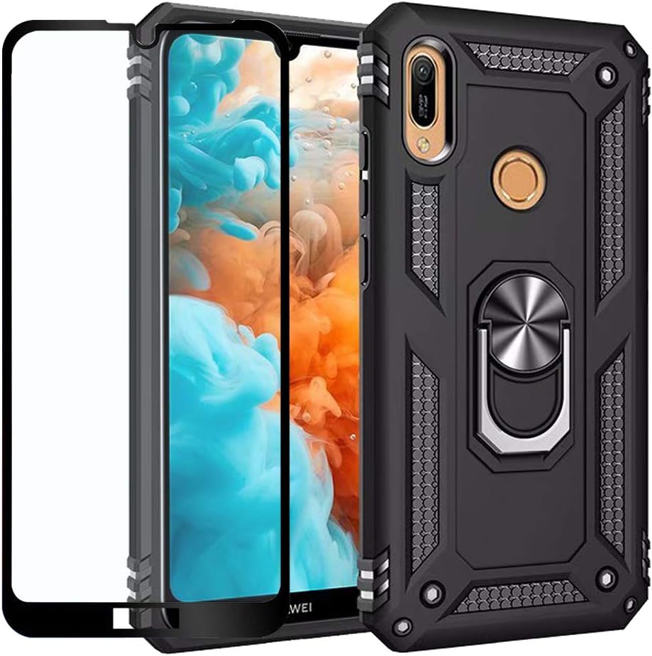 for Huawei Honor 8A/Honor Play 8A/Y6 2019 Case,Heavy Duty Shockproof Protection Built-in 360 Rotatable Ring Magnetic Car Mount Case Cover with Screen Protector for Huawei Y6 2019(Black)