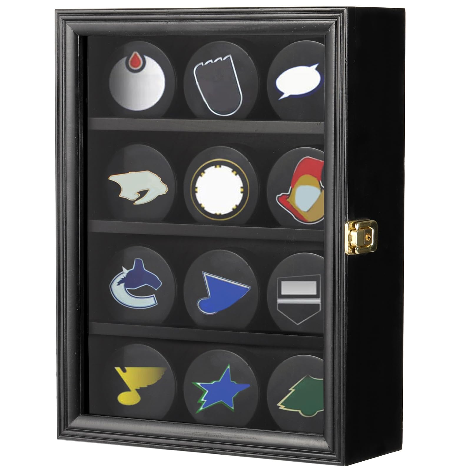 Bekith 12 Hockey Puck Display Case with UV Protection Door Lockable, Puck Holder Rack Shadow Box Wall Cabinet, Black Finish Frame