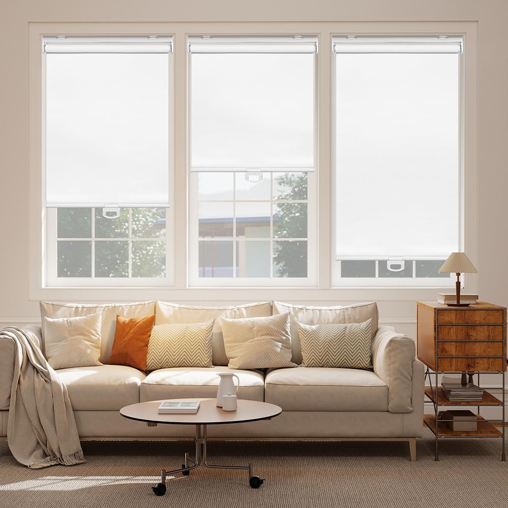 seeye cordless roller shades for windows, 100% blackout window blinds for privacy & uv protection, pull down room darkening door blinds, easy to install for home and office (20" w x 72" h, white)