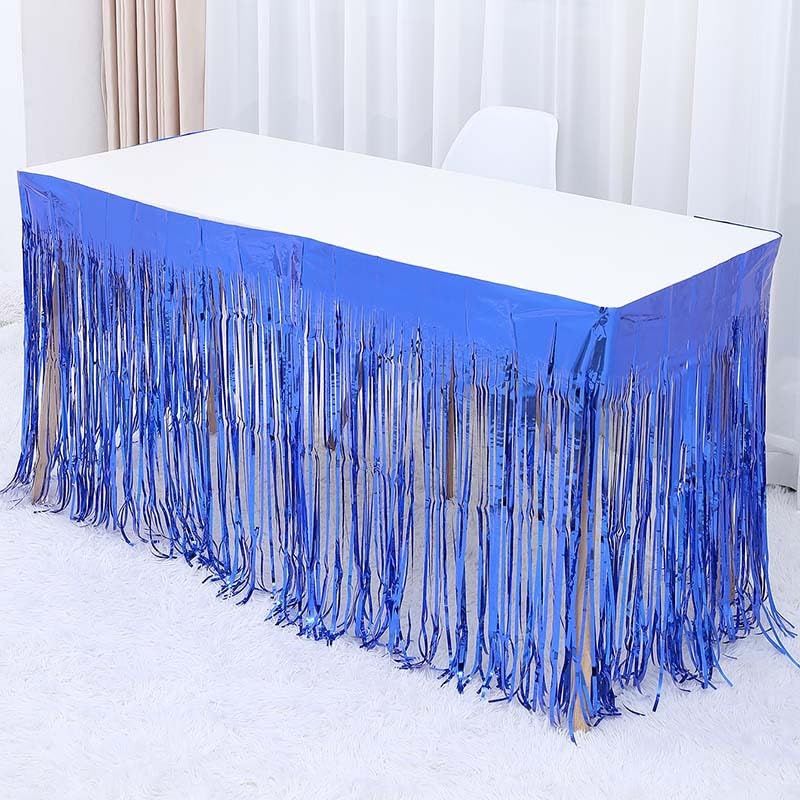Namzi Set of 5 Dark Blue 29x108 Inch (9 Feet Long) Metallic Foil Fringe Table Skirt, Tinsel Disposable Skirting for Parade Floats Trailer, Mardi Gras Party, Birthday, Baby Shower, Wedding
