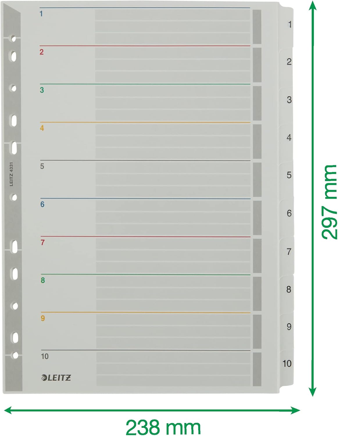 Leitz A4 1-10 Re-Writable Index, Heavy Duty Cardboard with Mylar Tabs, Extra Wide, Grey