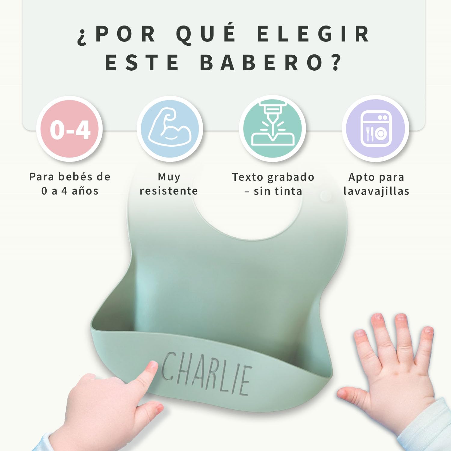 Babero de silicona para bebé con nombre grabado – Babero infantil lavable, impermeable y con bandeja receptora
