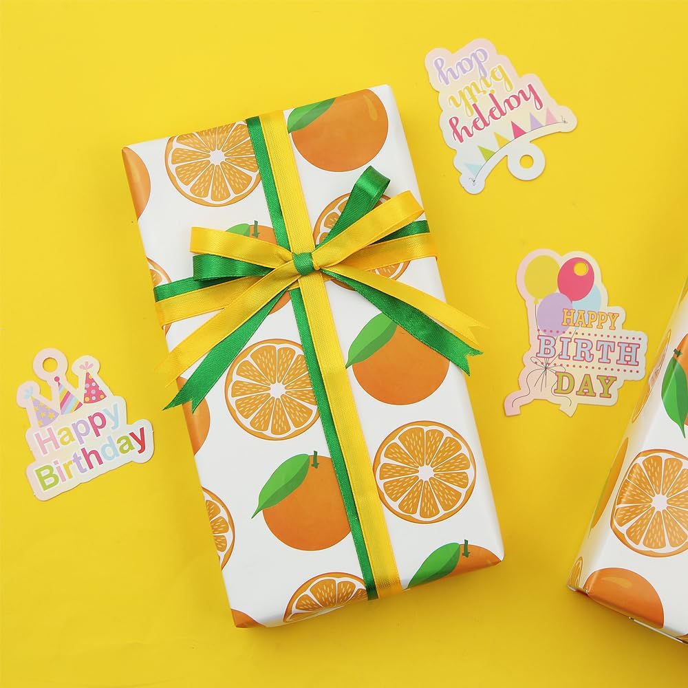 Fruit Wrapping Paper - Orange Print on White Gift Wrapping Paper and Ribbon Set, Cute Citrus Junos Design For Women Men Baby Shower Holiday Birthday Gift Wrap - (4-Sheets, 1-Designs: 15 sq. ft. ttl) - Image 4