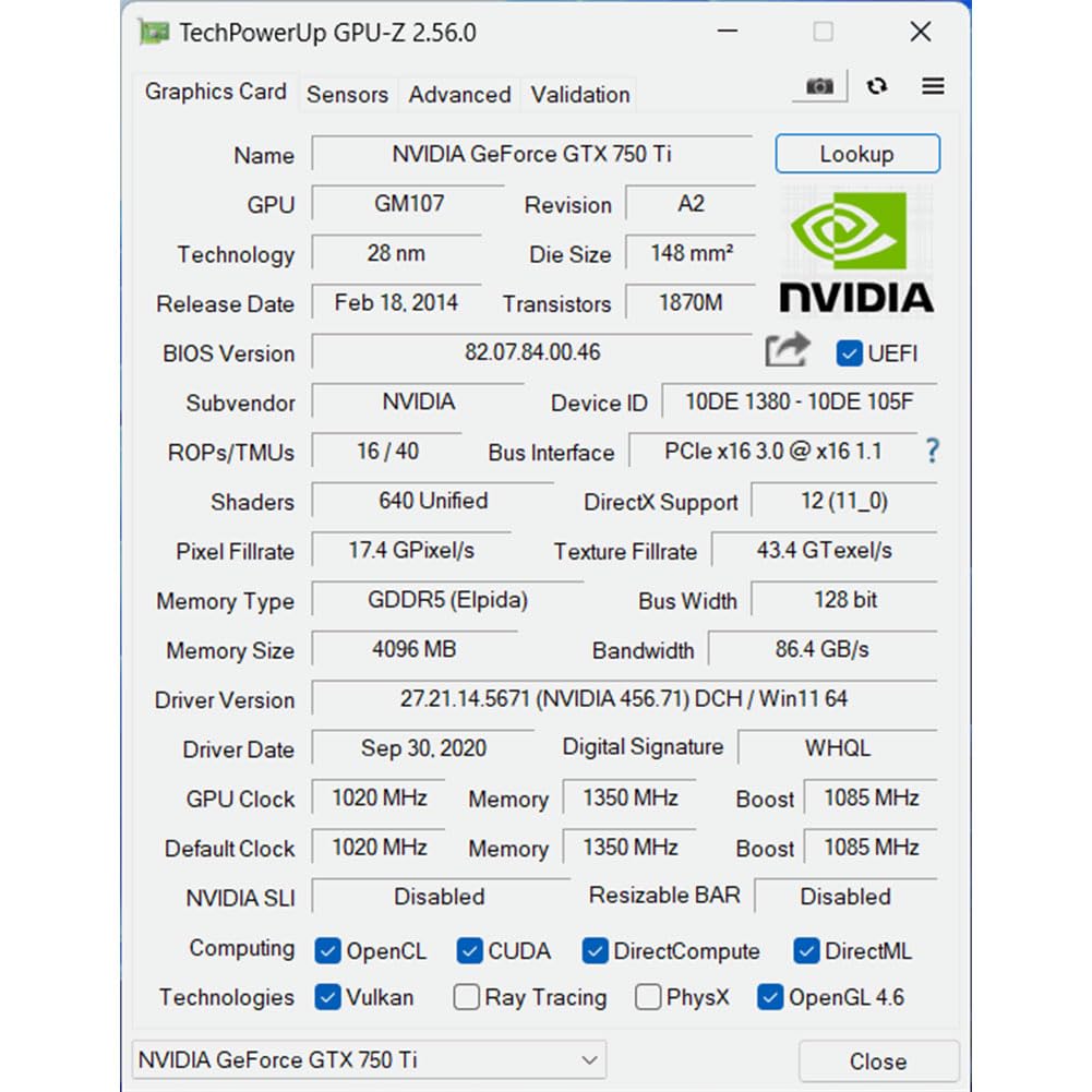 GTX 750 Ti Scheda Video 4 GB 128 bit, HDMI, VGA, DVI, Scheda grafica basso profilo PC, computer GPU, Low Power, PCI Express x16, DirectX 12