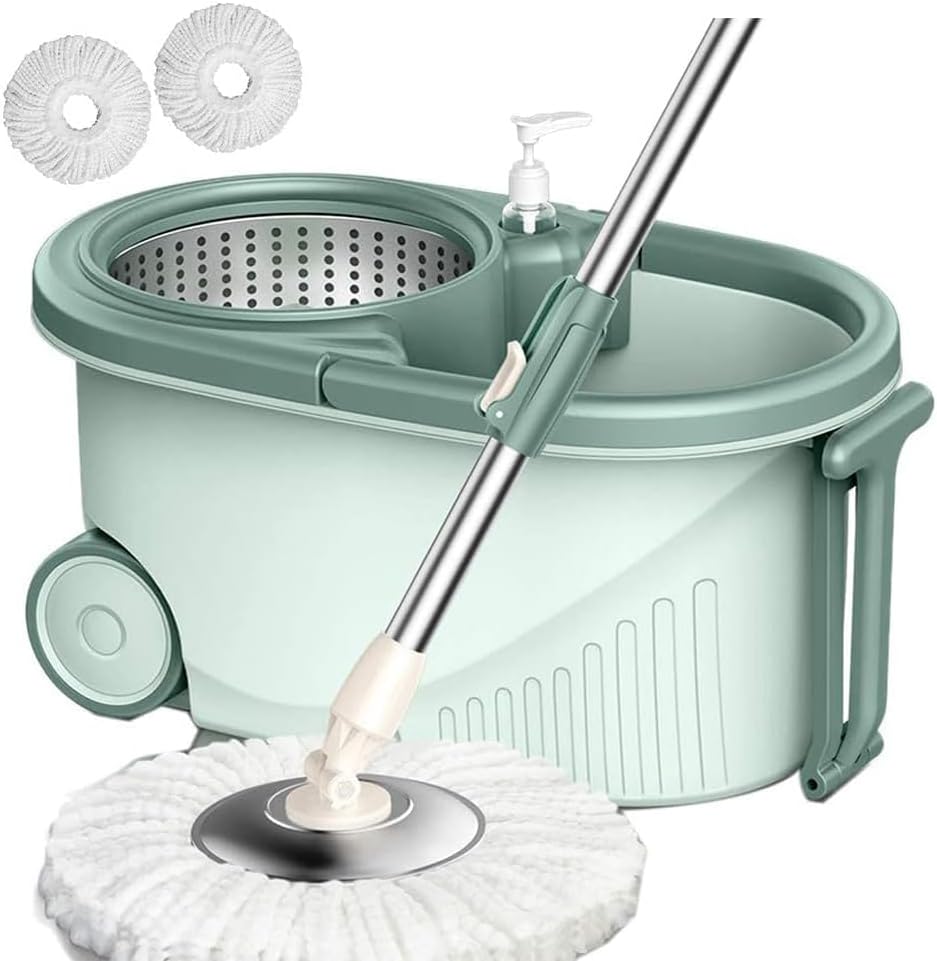 Joyzzz Spin Mop and Bucket Set, 360° Spinning Easy Wring Mop for Floor, Bucket Floor Cleaning System with 2 Microfiber Replacement Mop Head, Adjustable Stainless Steel Extended Handle