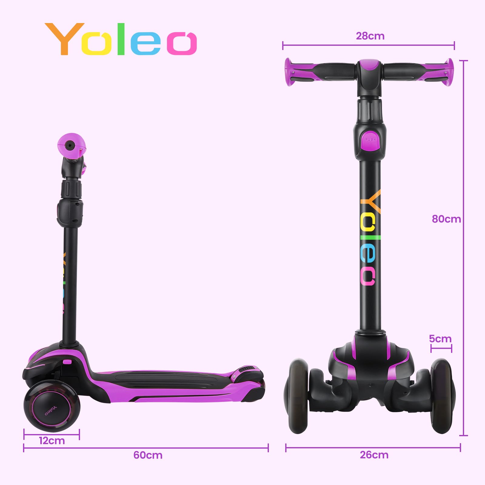 YOLEO Trotinette Enfant 3 Roues de 3 À 12 Ans Trottinette Pliable Ajustable sur 4 Niveaux pour Filles et Garçons, Cadeau Noël Anniversaire, Jouet Idéal