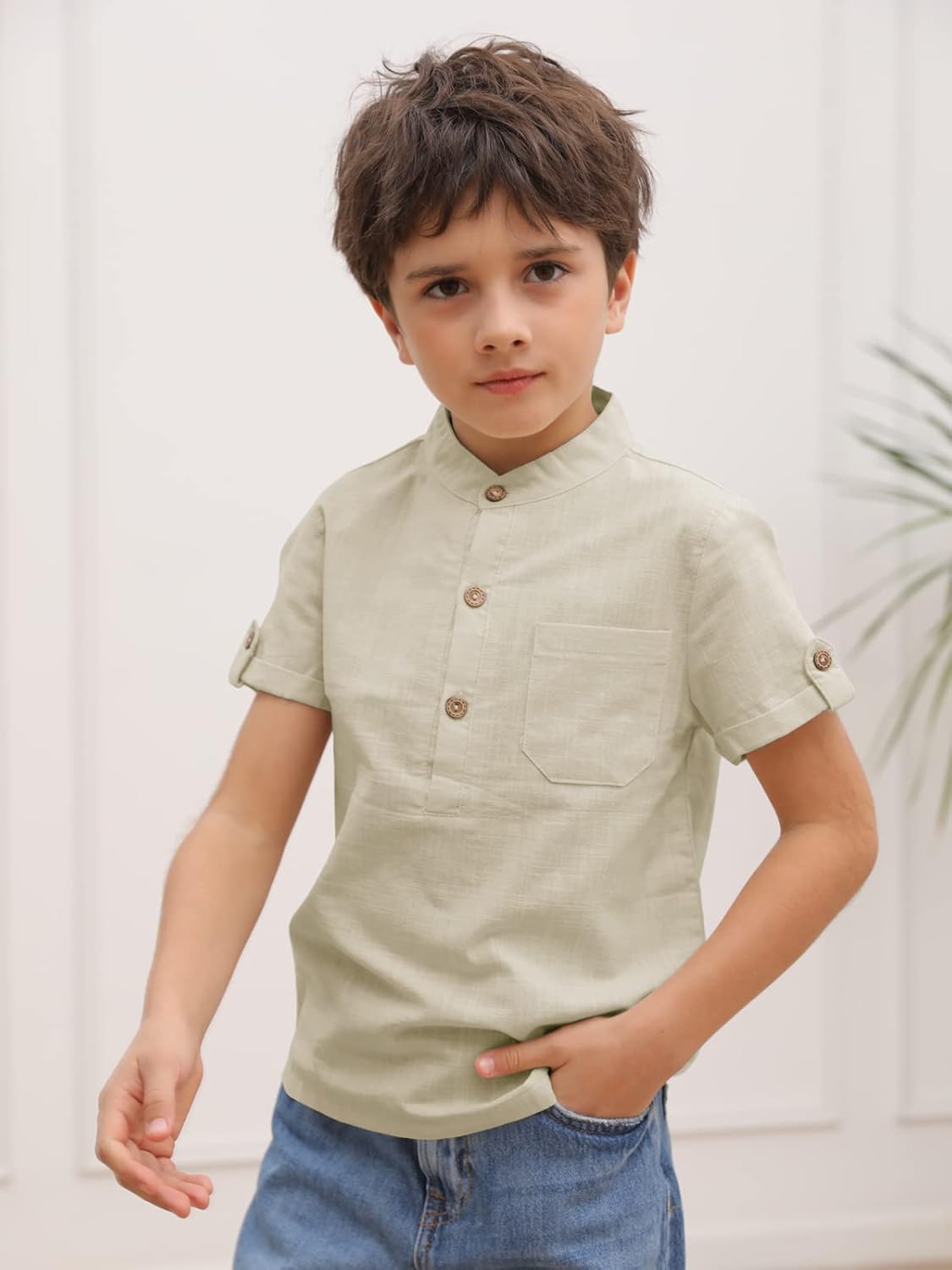 Boys Short Sleeve Henley Shirt Button Up Linen Cotton Dress Shirts Tees Tops with One Pocket - Image 5