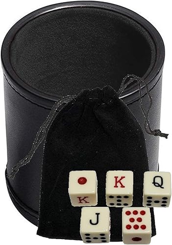 Juego de dados de piel sintética negra con 0.630in de tono marfil de póker español más bolsa de almacenamiento