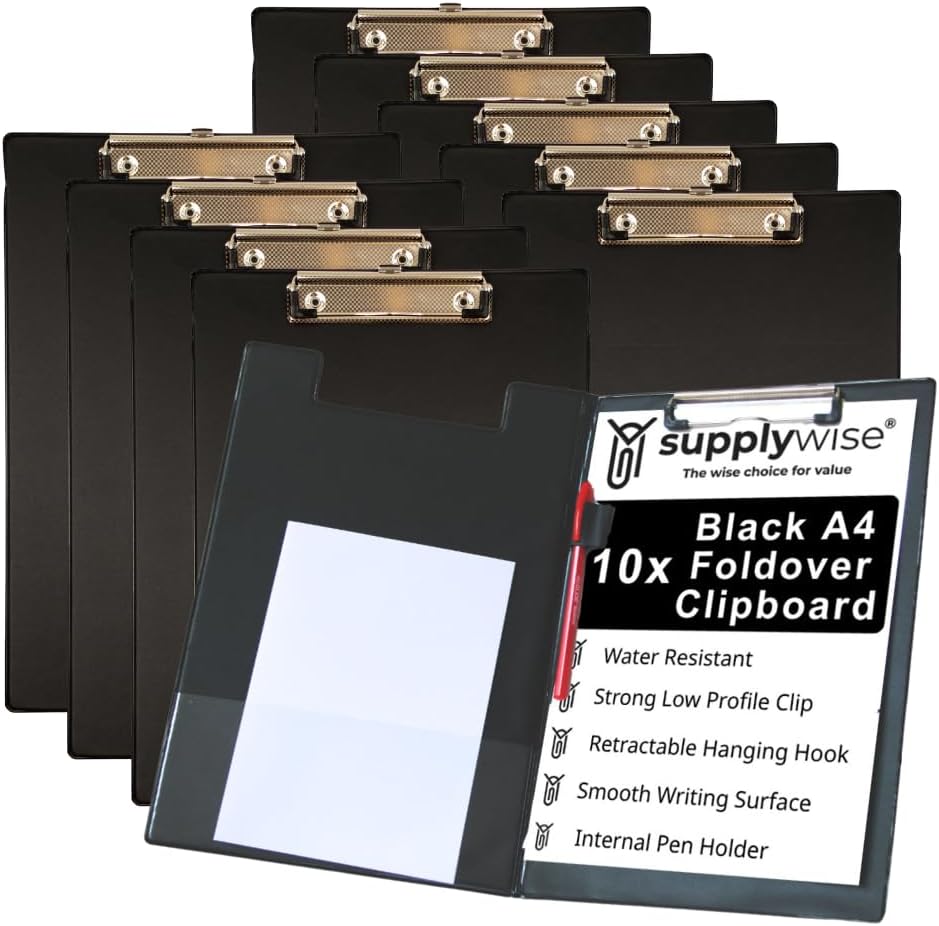 Black Foldover Clipboard A4, Multipack of 10 Clip Boards A4, Clipboard Folder, Low Profile Clip, Document Organiser with Pen Holder, Clipboards for School, Home & Office