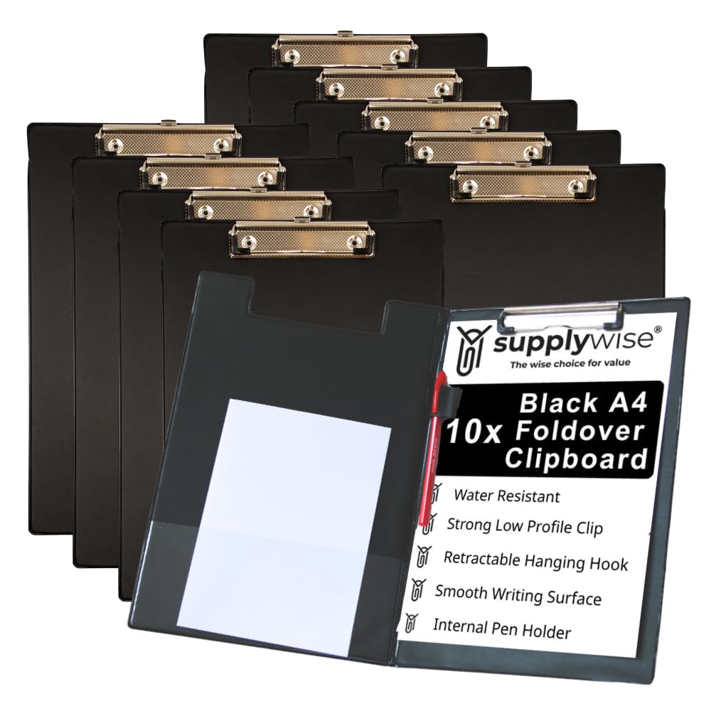 Black Foldover Clipboard A4, Multipack of 10 Clip Boards A4, Clipboard Folder, Low Profile Clip, Document Organiser with Pen Holder, Clipboards for School, Home & Office