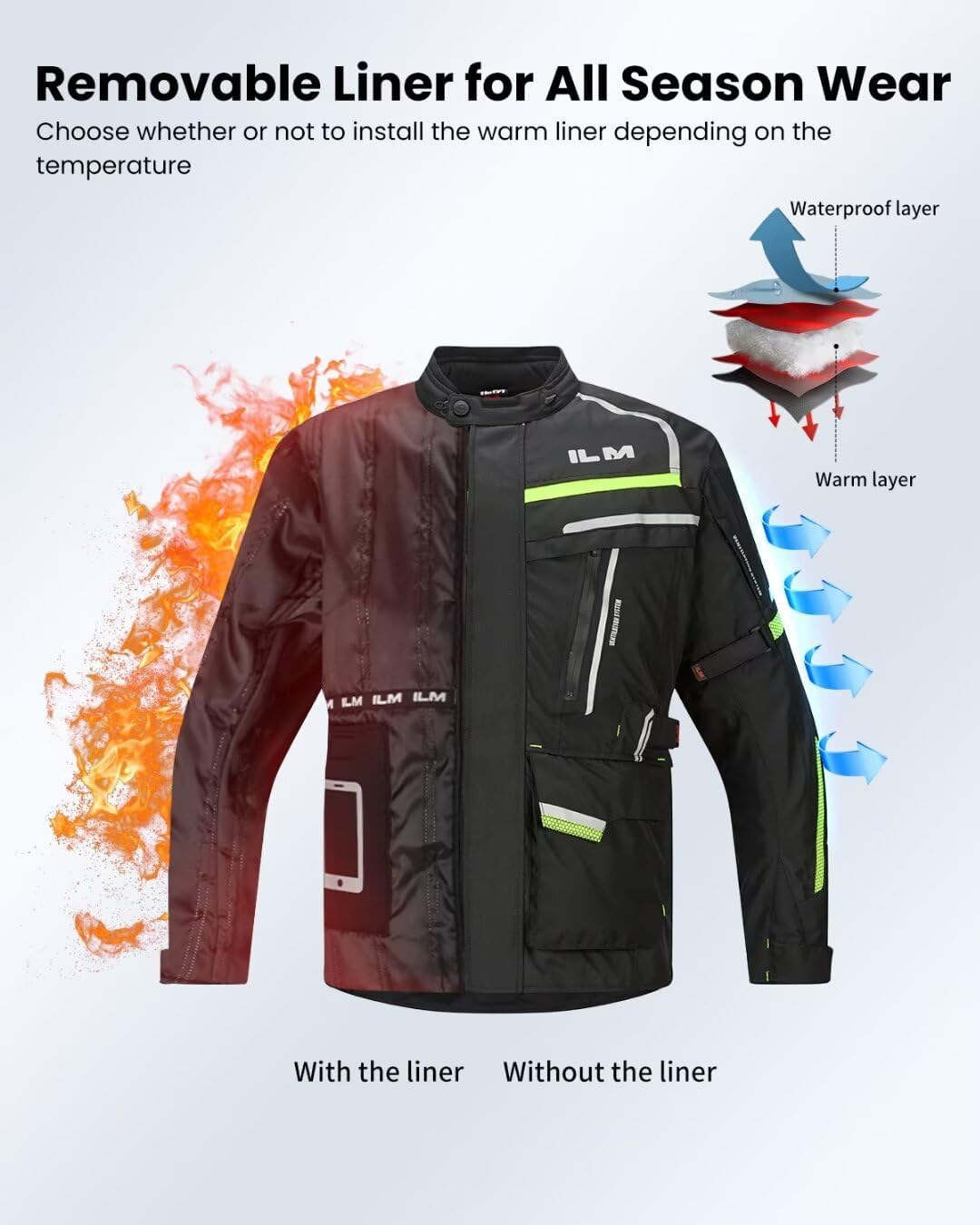 ILM Men's Street Motorcycle Jacket with CE Armor and Detachable Thermal Liner All Season Waterproof Adventure Touring Jackets Model JRL3 Black, L - Image 6