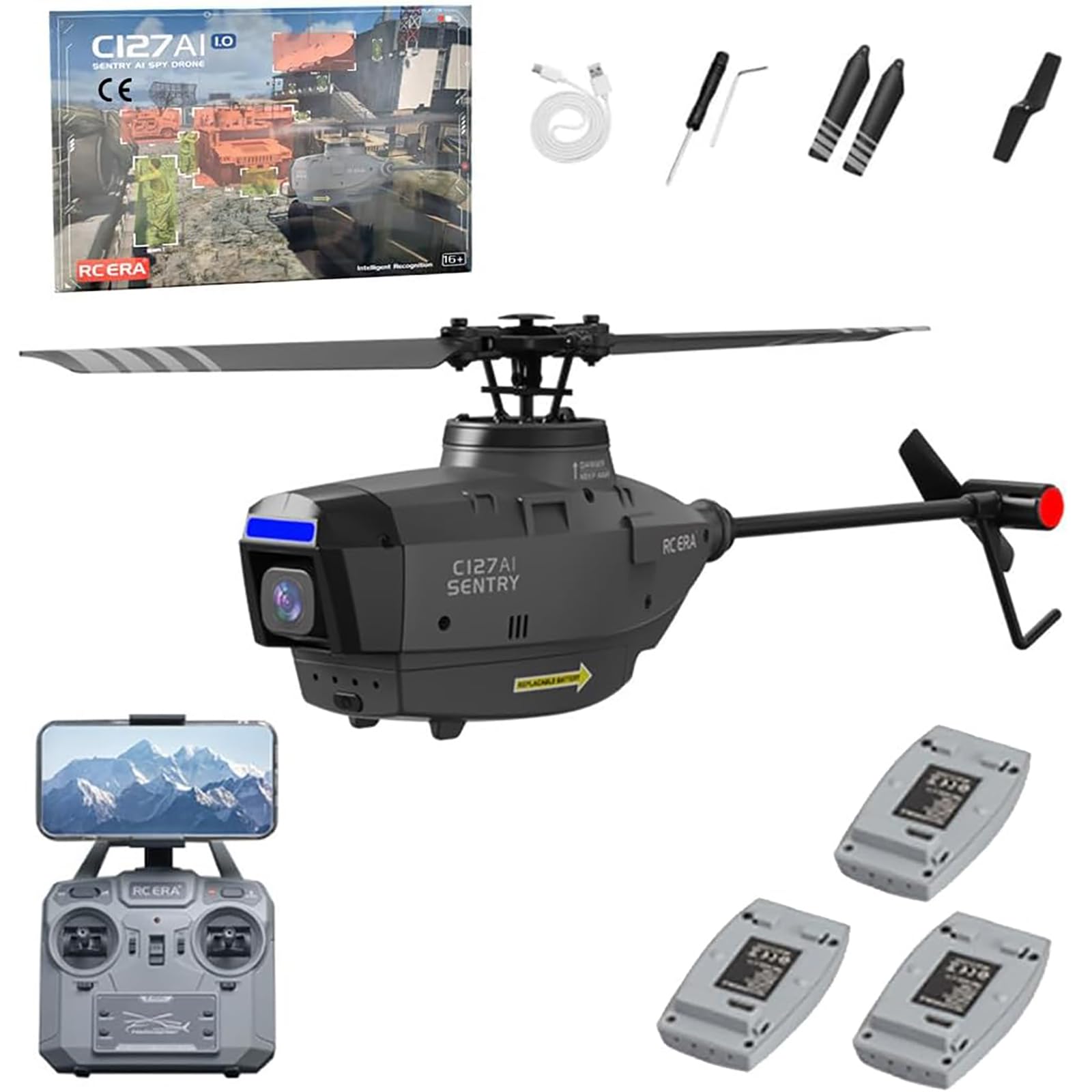 Generico Elicottero RC con Telecamera 1080P per Adulti, C127AI 4CH 2.4G Single-Rotor Brushless Elicottero telecomandato con 6-Axis Gyro Posizionamento Flusso Ottico - RTF,3 Battery