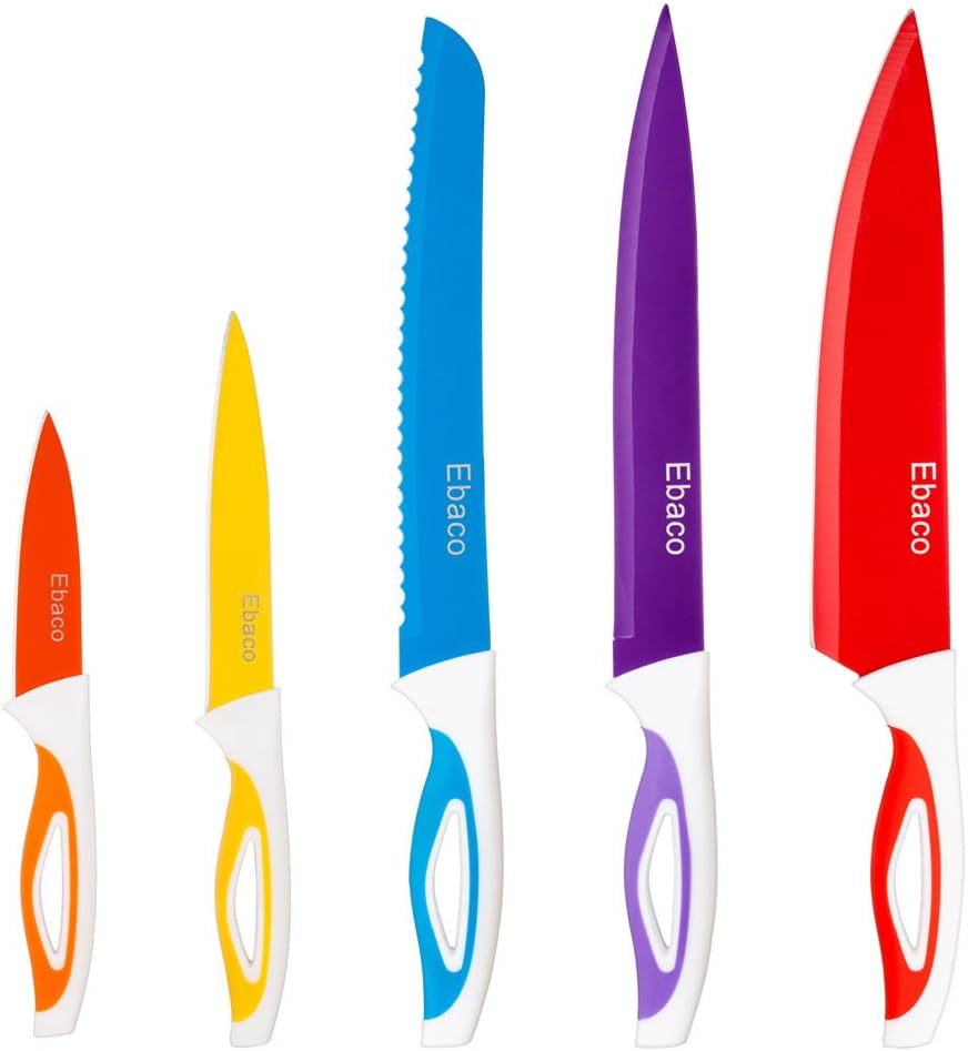 10 Piece Colorful Knife Set - 5 Kitchen Knives with 5 Knife Sheath Covers - Chef Knife Sets with Carving Serrated Utility Chef's and Paring Knives - Colored Knife Set with Matching Color Case