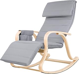 Homfa Mecedora de Salón Silla de Relax Sillón Mecedora de Madera con Reposapiés Regulable y Plegable para Salón Oficina Terraza Gris 86x65x100cm