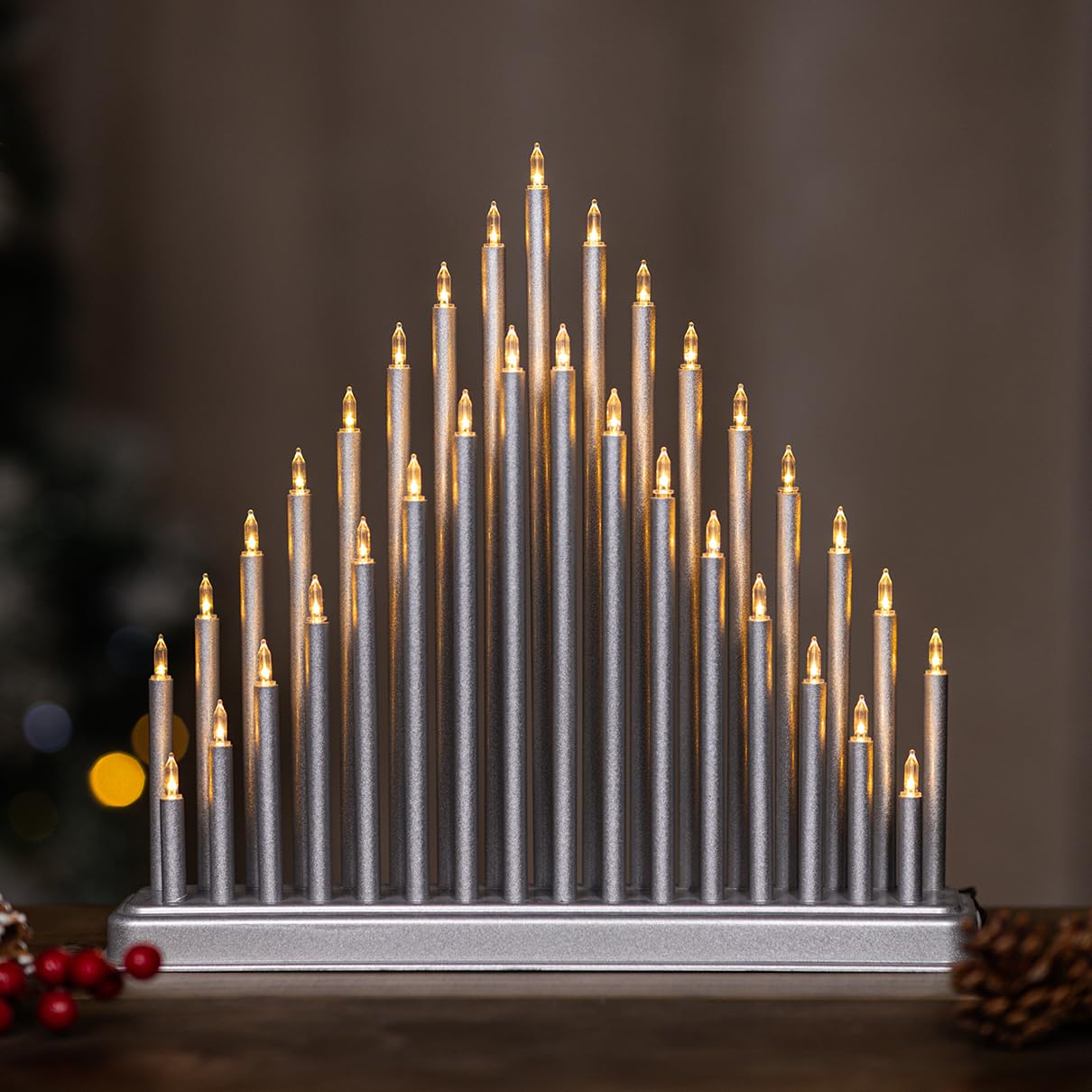 Marco Paul Interiors Silver - 33 Warm White Lights - Battery Marco Paul Silver Christmas Candle Bridge - 33 Warm White Led Candle Battery Operated - Large Xmas Candle Arch For Windowsill, Mantelpiece Or Fireplace - Light Up Christmas Decorations
