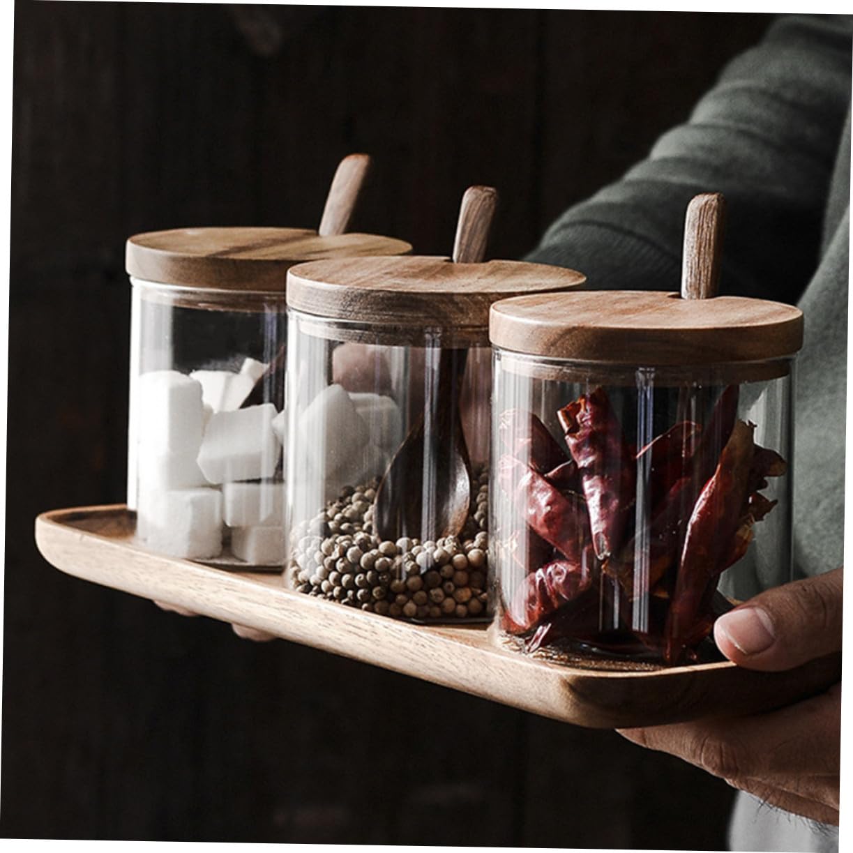 Gatuida Gewürzbehälter Glas Klar Salzbehälter Aus Glas Gewürzgläserset Mit Tablett Und Löffel Für Heimgebrauch Lagerung Von Gewürzen Wie Pfefferpulver Und Paprika