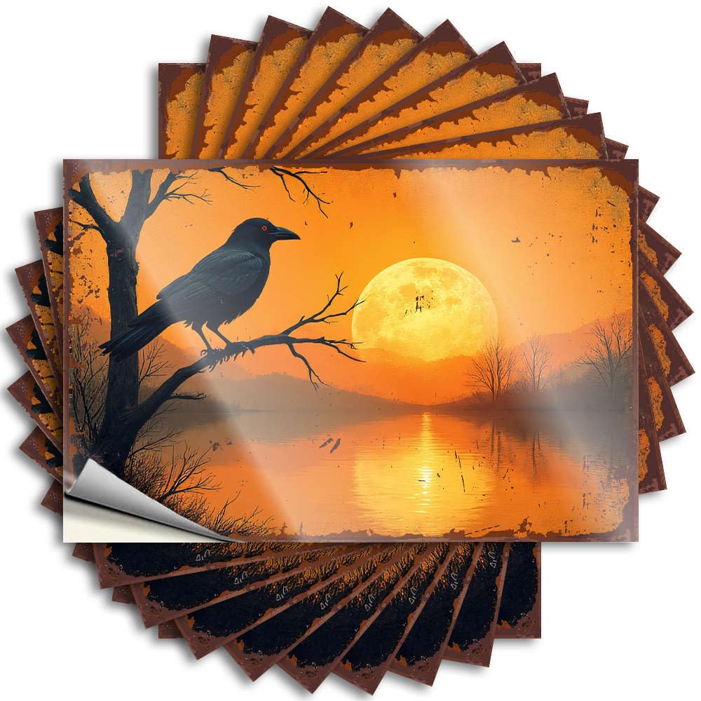 Sticker Backyard Decor Durable Vinyl - A Crow Perches On A Branch Under A Full Moon. Hard for Texas Use(12X18CM)