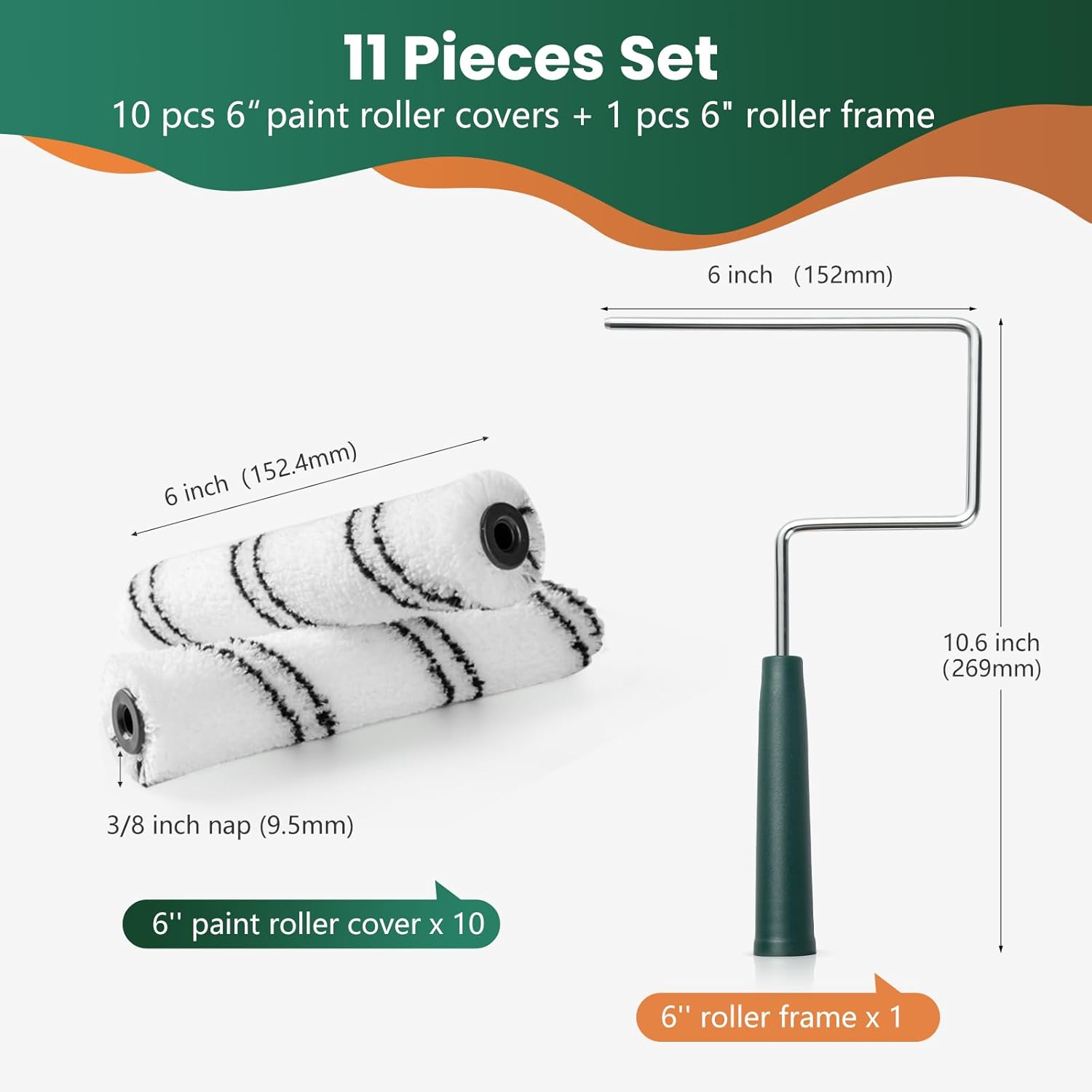 Paint Roller Covers, 60 Pack 6 Inch Microfiber Paint Roller (3/8 Inch Nap) with 2 Pcs Anti Rust Metal Roller Frame, Suitable for Wall and Furniture Painting