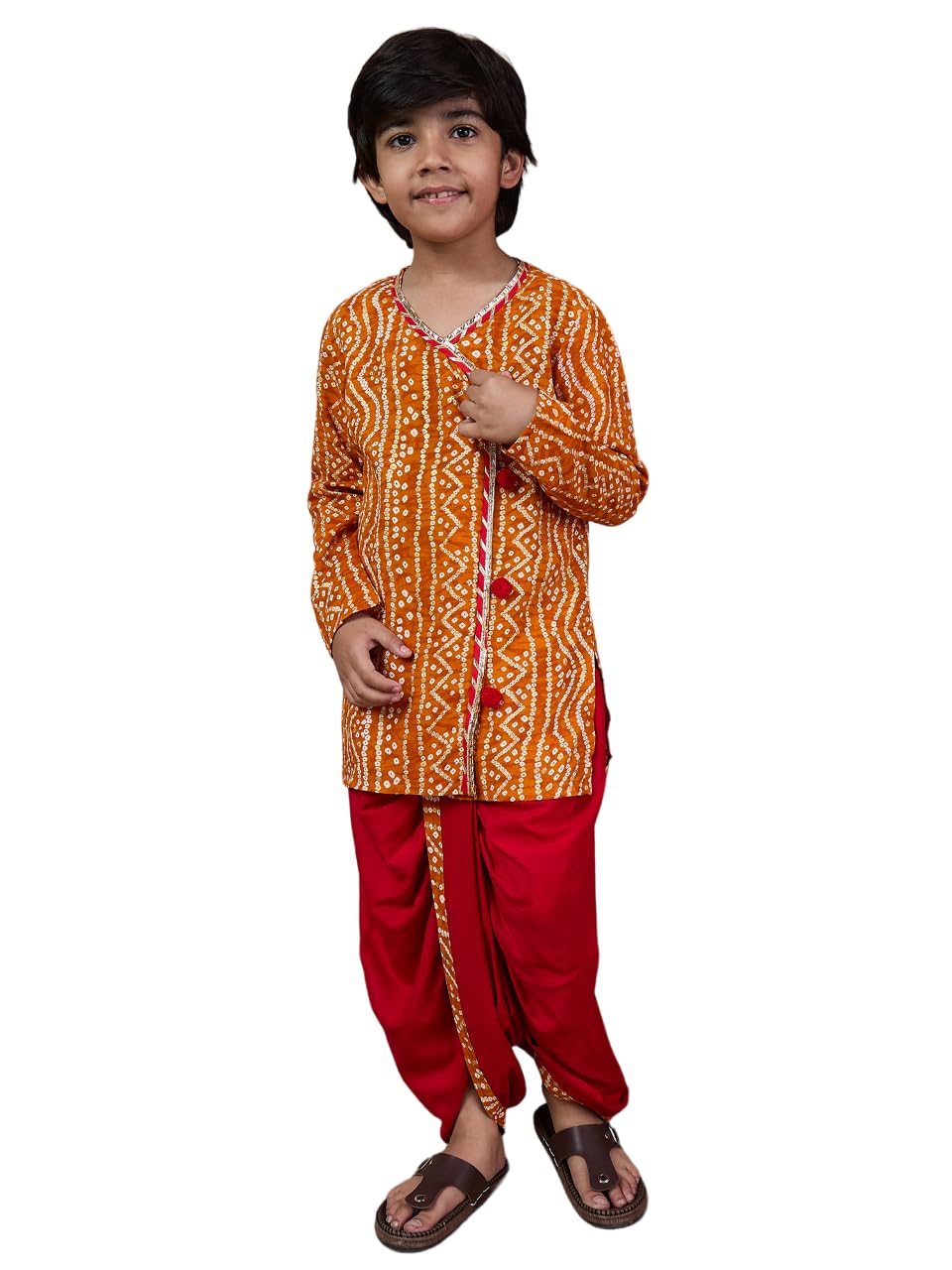 Pspeaches Boys Bandhani Printed V Neck Gotta Patti Kurta With Dhoti Pants (8-10Years)