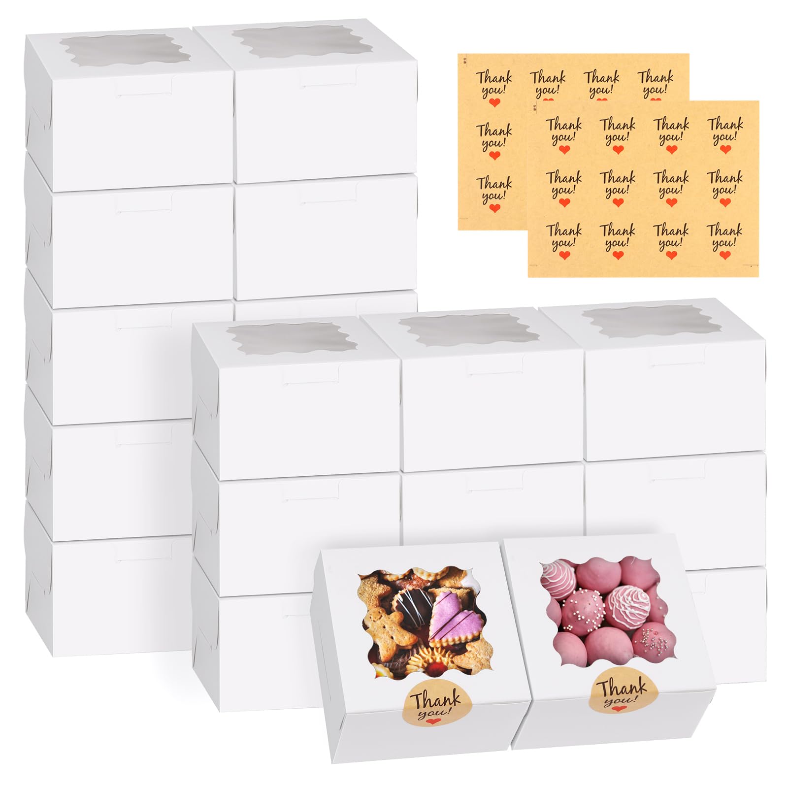 WINKIO 24pcs White Cookie Boxes, 4x4x2.5 Inches Bakery Boxes with Window, for Mini Cake Treat Dessert Pastry Donuts Macaroon Strawberries Chocolate Candy (with Stickers)