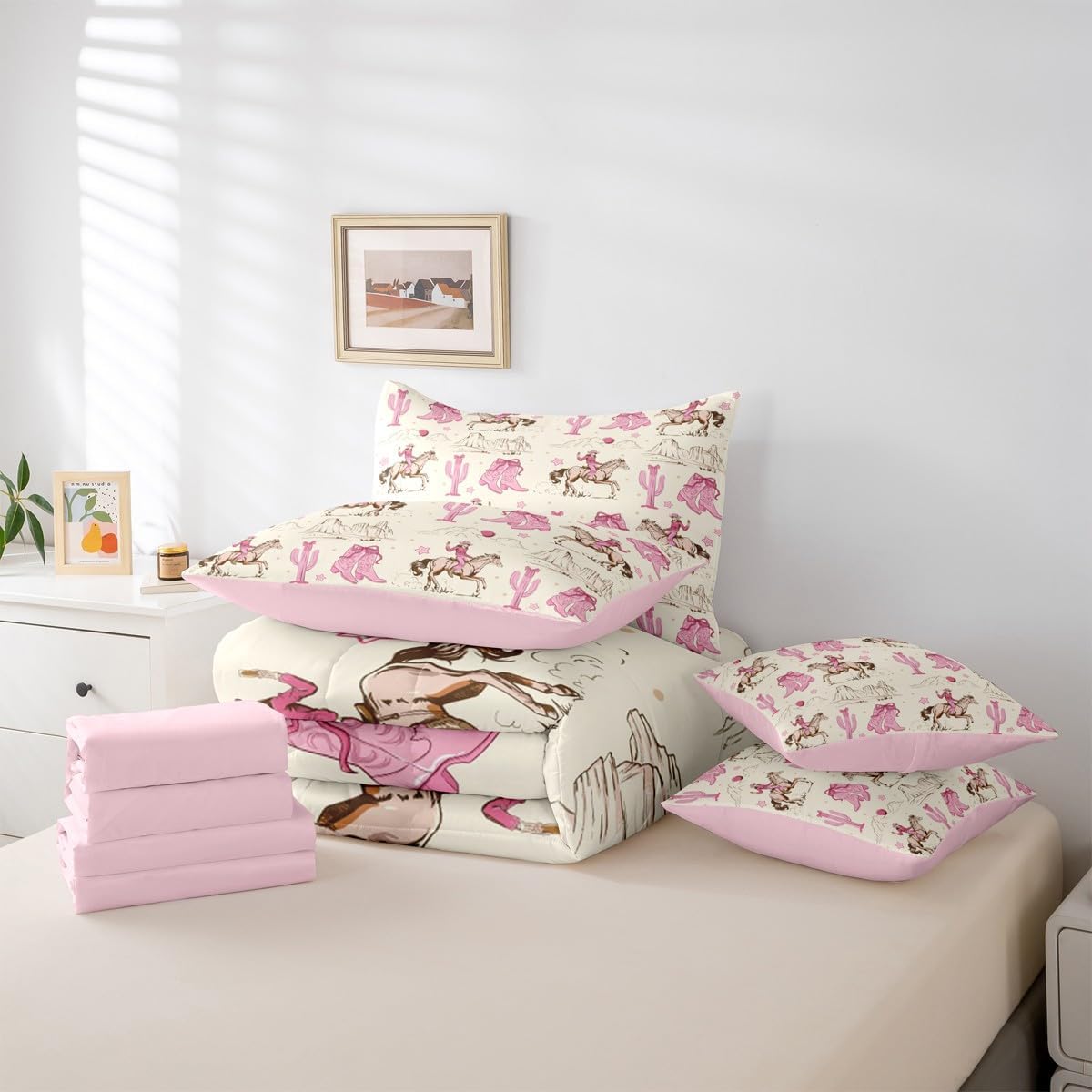Erosebridal Retro Western Horse Queen Comforter Set with Sheets for Girls,Pink Cowgirl Boots and Bows Bedding Set 7Pcs for Kids Teen,Rustic Country Cowboy Cactus Bed Set,Cute Bow Fitted Flat Sheet