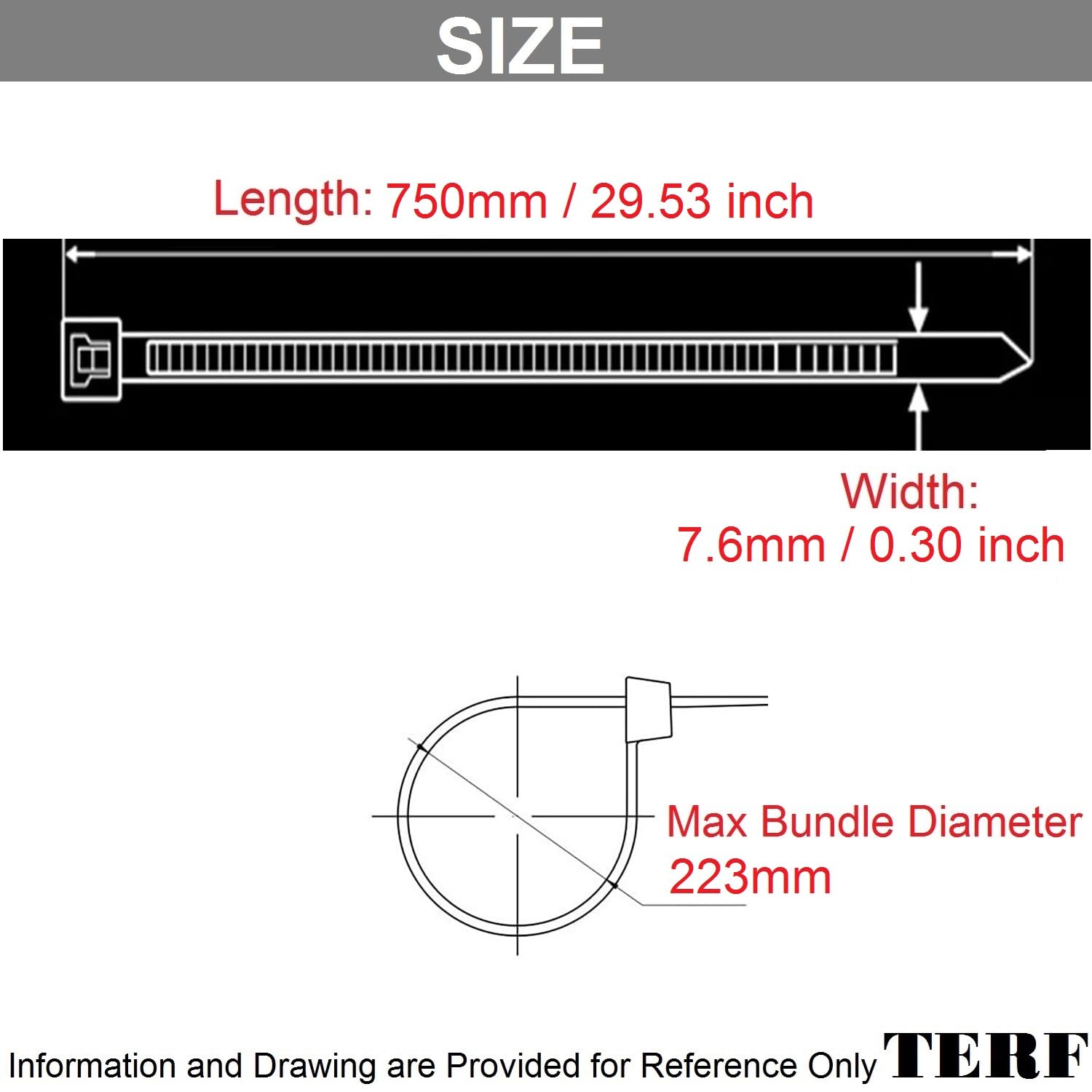 TERF® 20 Pcs Black Cable Ties 750mm (29.53'') X 7.6mm Premium Nylon Zip Ties Wraps Secure Self Locking Mechanism Plastic Tie for Home Office Garden Garage Workshop DIY - Image 4