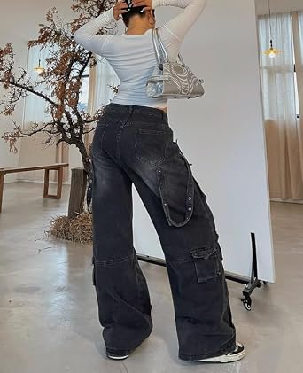 Women's Cargo Pants Low Waist Baggy Jeans Pocket Wide Leg Casual Trendy Streetwear Grunge Emo Clothes