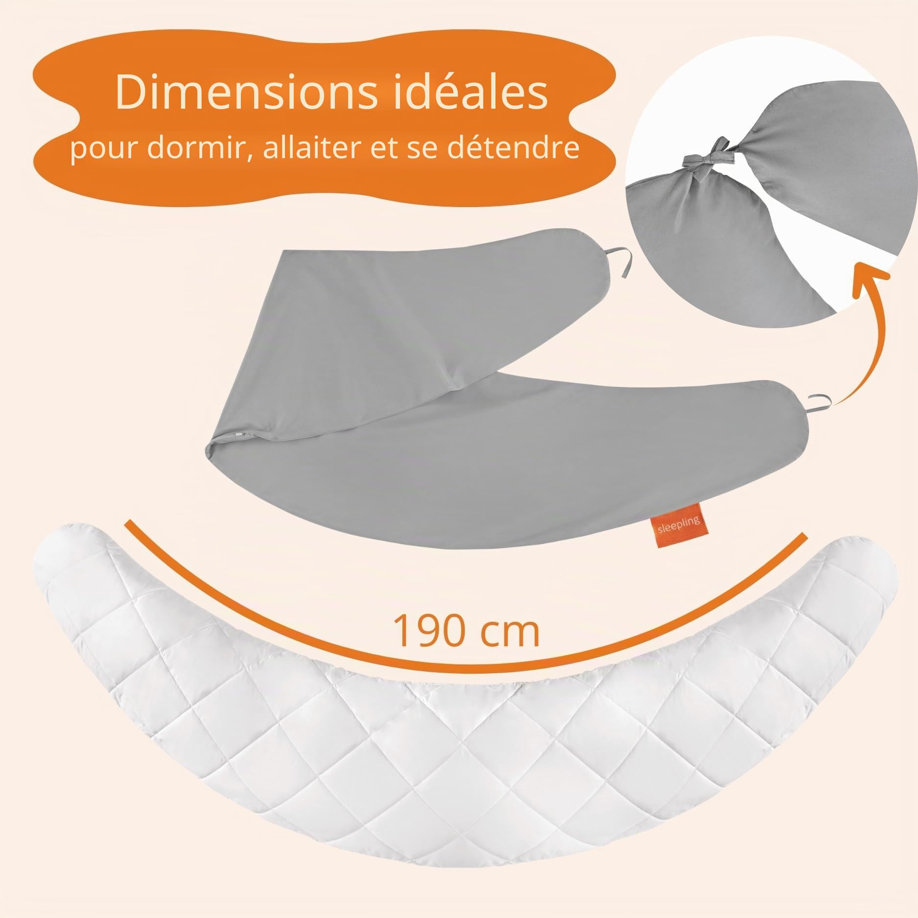 sleepling Coussin d'allaitement 40 x 190 cm - Long coussin de grossesse - Coussin de positionnement - 100 % microfibre - Lavable à 60 °C - Ökotex - Gris