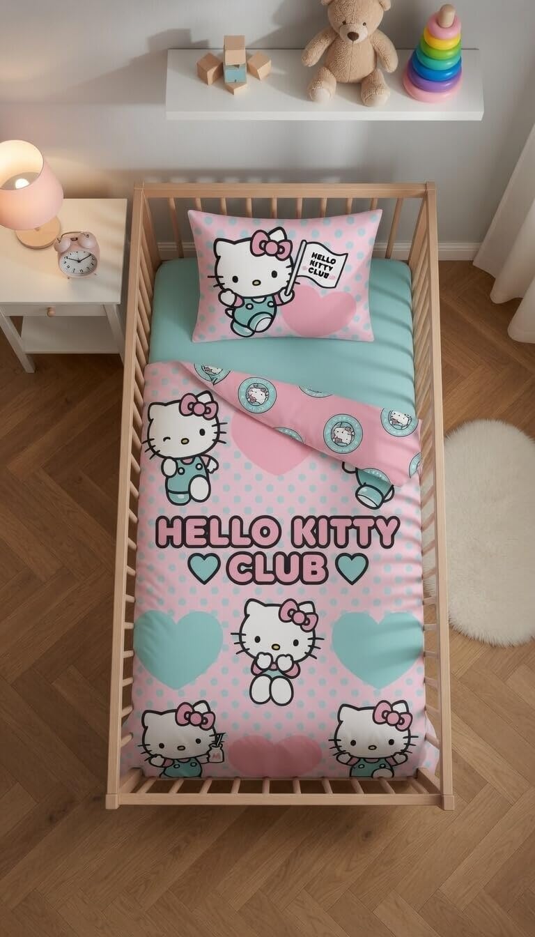 Hello Kitty Club Housse de Couette Bébé 100x135 + Taie 40x60 Rose Bleu | Parure de lit bébé réversible | Coton naturel doux respirant Oeko-Tex | Sanrio | Fille 0-3 ans | Lit à barreaux