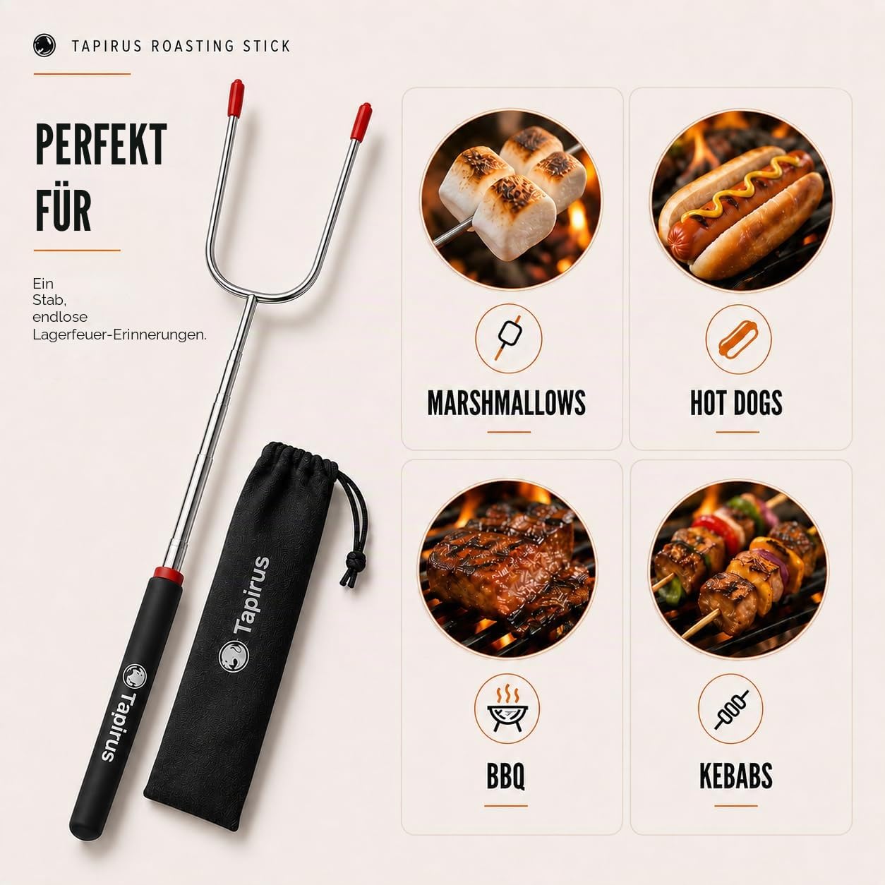 Tapirus 4 Ausziehbare Camping-Sticks zum Marshmallow-Braten, langlebige Edelstahl-Ausrüstung, Grillspieße mit isolierten Griffen, Teleskop-Gabeln, Utensilien für Smores, Hot Dogs & Shish-Kebabs