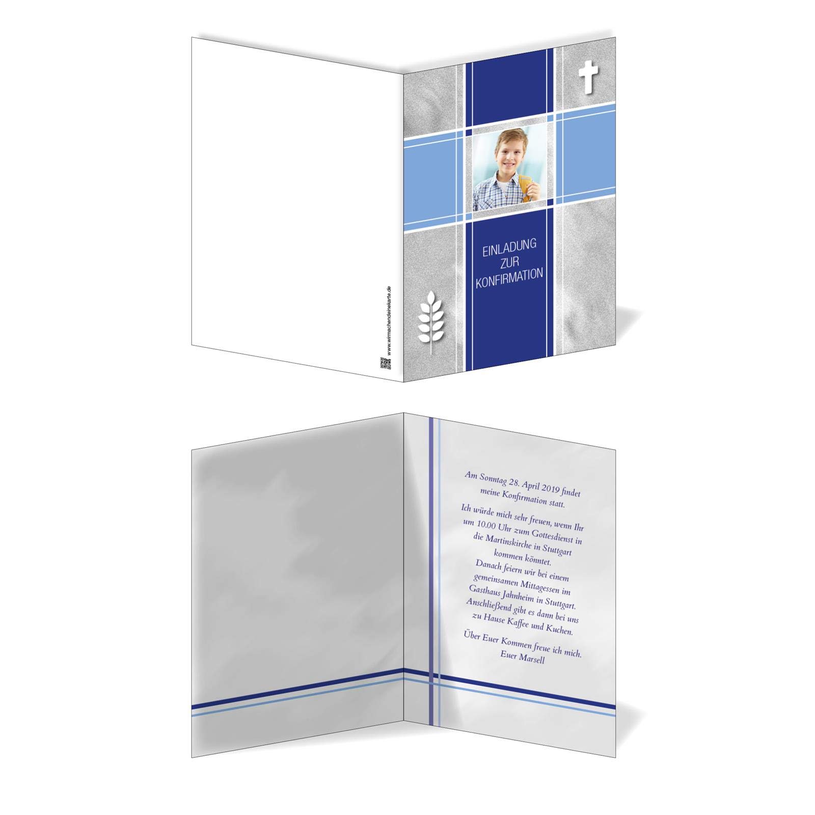Cartons d'invitation pour confirmation avec photos en forme de croix Bleu
