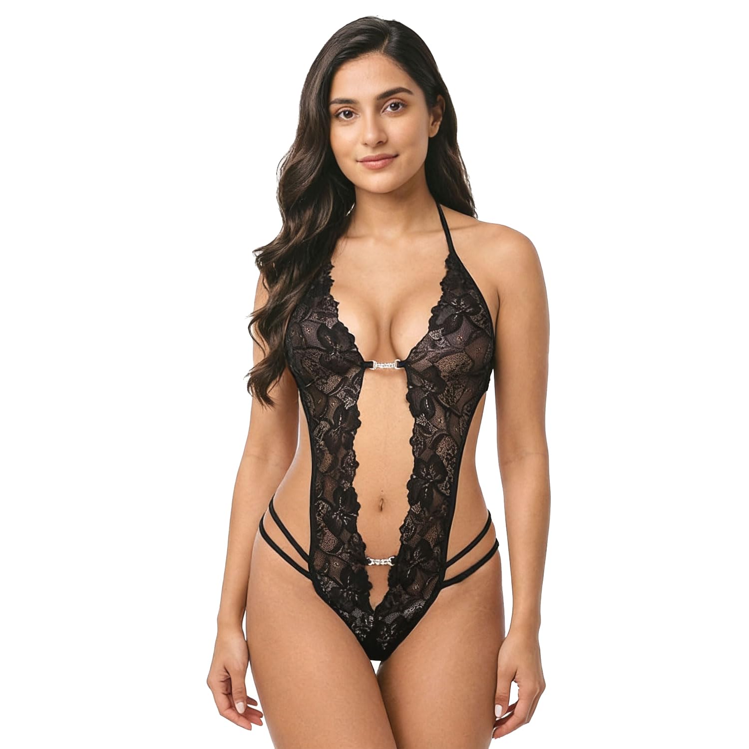 Women Black Lace Bodysuit with Floral Design - Adjustable Halter Neck Fashion Outfit with Stylish Strappy Back for Anniversary, Honeymoon & Wedding Gift For Wife, Girfriend, Bride-image-49