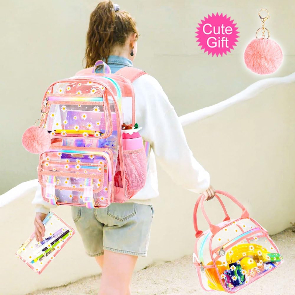 KLFVB Clear Backpack Heavy Duty, 3PCS Girls See Through School Bag Set, Cute Transparent Bookbag for Women - Chrysanthemum Pink