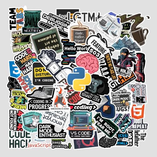 Image of Coding & Programmer Sticker Pack of 50 - Waterproof Vinyl Tech Stickers for Laptop, Water Bottle, Notebook, PC, Keyboard, Journal & Gaming Setup | Developer, Hacker, Python & Coding Theme Decals