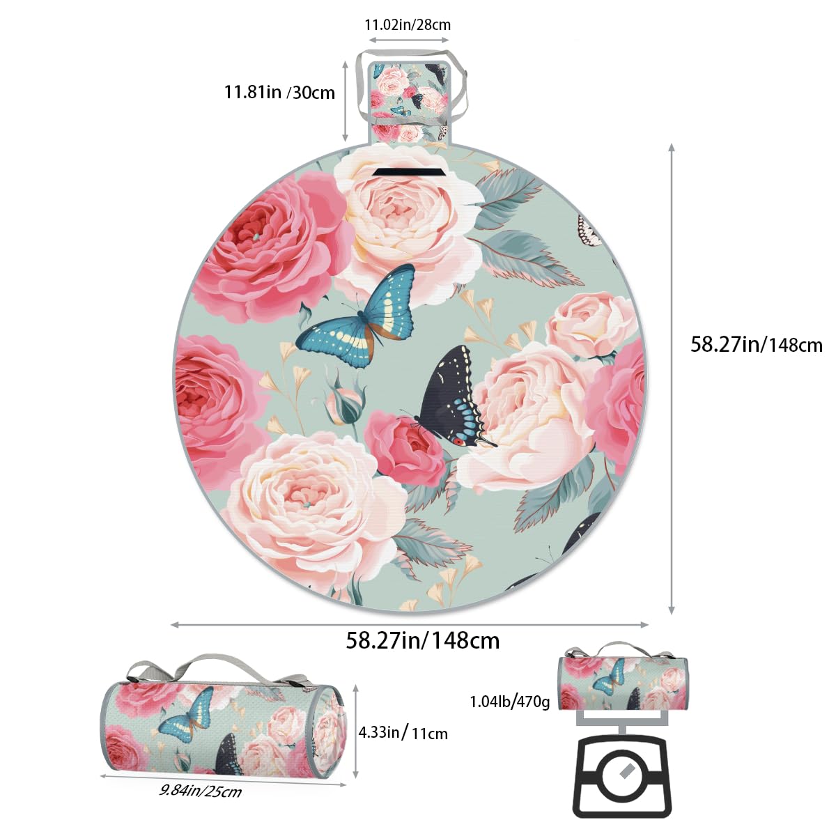 Shimoshe Peony Butterfly Roses Picnic Outdoor Blanket Foldable Waterproof Sandproof Beach Blanket Portable Water-Resistant Round Picnic Mat for Travel Camping Park Lawn