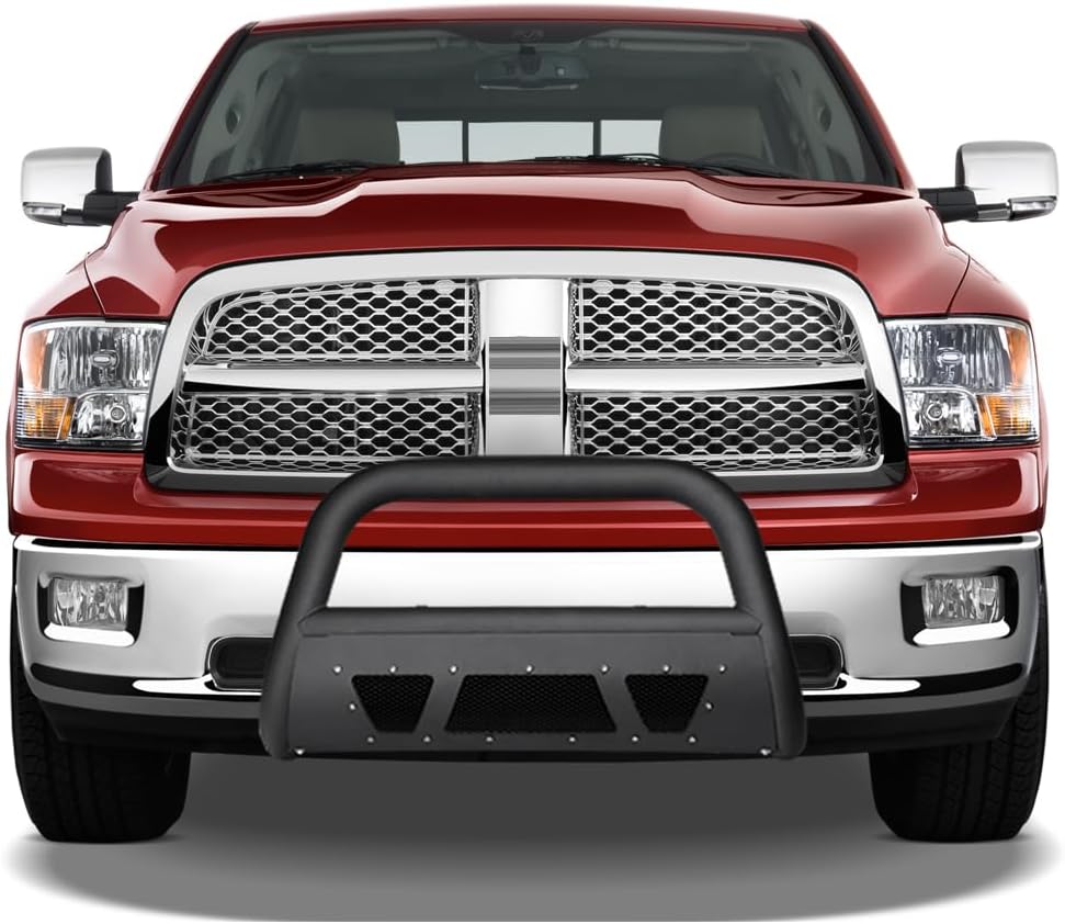 7422439495432 Compatible with 2010-2018 Dodge Ram 2500/3500 Matte Black Studded Mesh Style Bull Bar Guard with Skid Plate