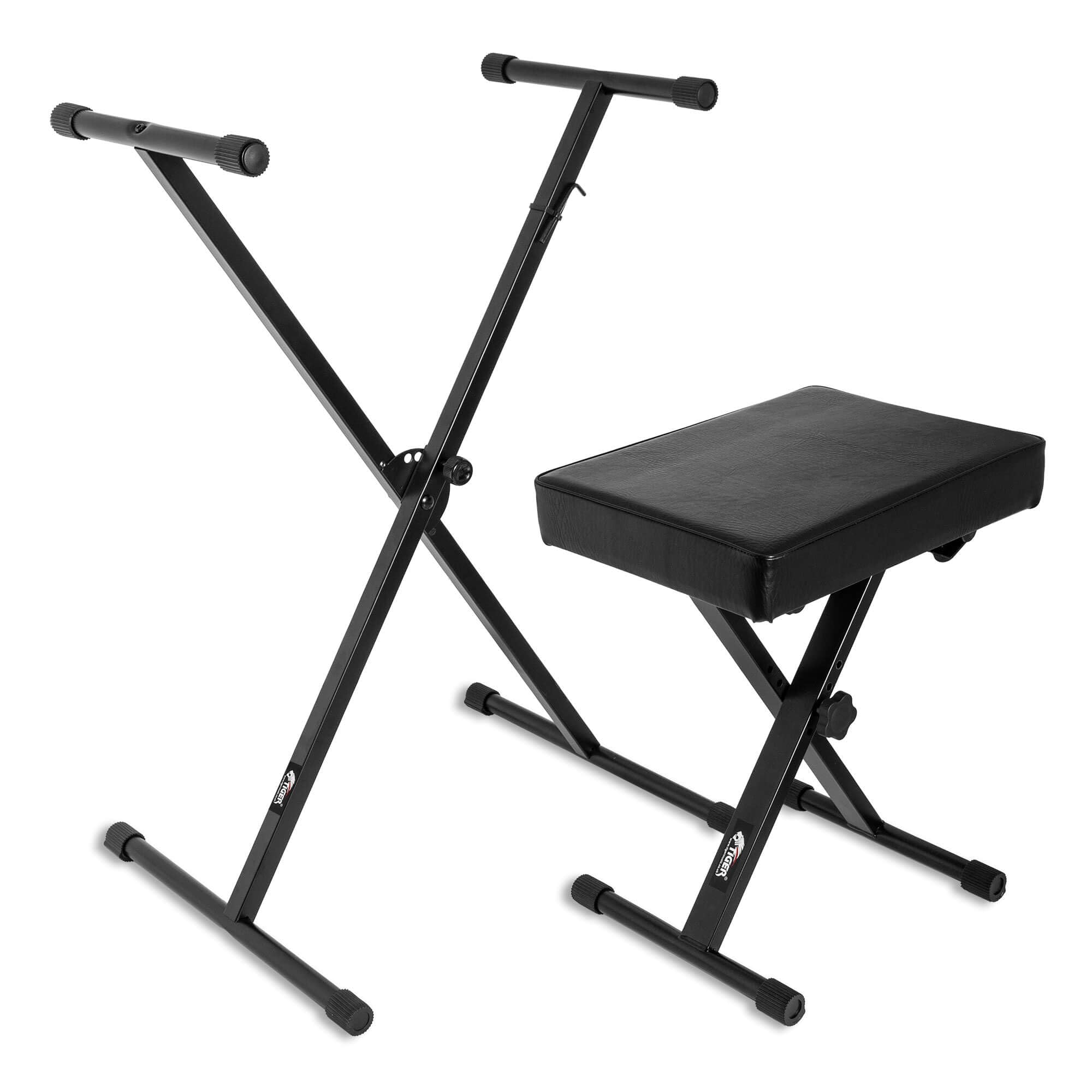 TIGER X-Frame Keyboard Stand & Piano Bench Bundle, Height-Adjustable Single-Braced Stand & 4-Level Padded Foldable Seat for Digital Piano, Synthesiser & Keys, Black