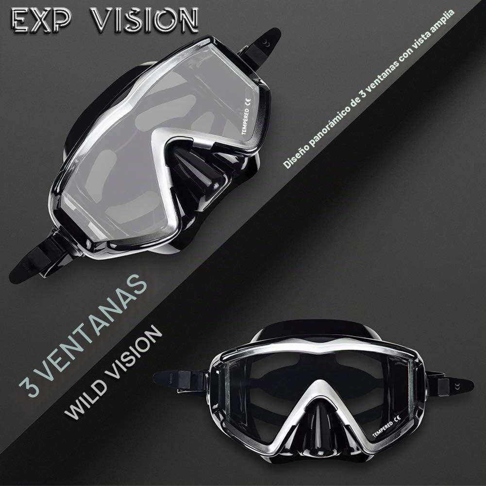 Pano - Máscara de buceo de 3 ventanas para adultos, máscara de esnórquel de vidrio templado, antivaho, gafas de natación sin fugas, con cubierta de nariz, equipo de esnórquel