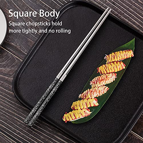 Premium Titanium Plated Stainless Steel Chopsticks - Dishwasher Safe, Non-Slip, Laser Engraved - 2 Pairs Gift Set (Black, Silver) - 4