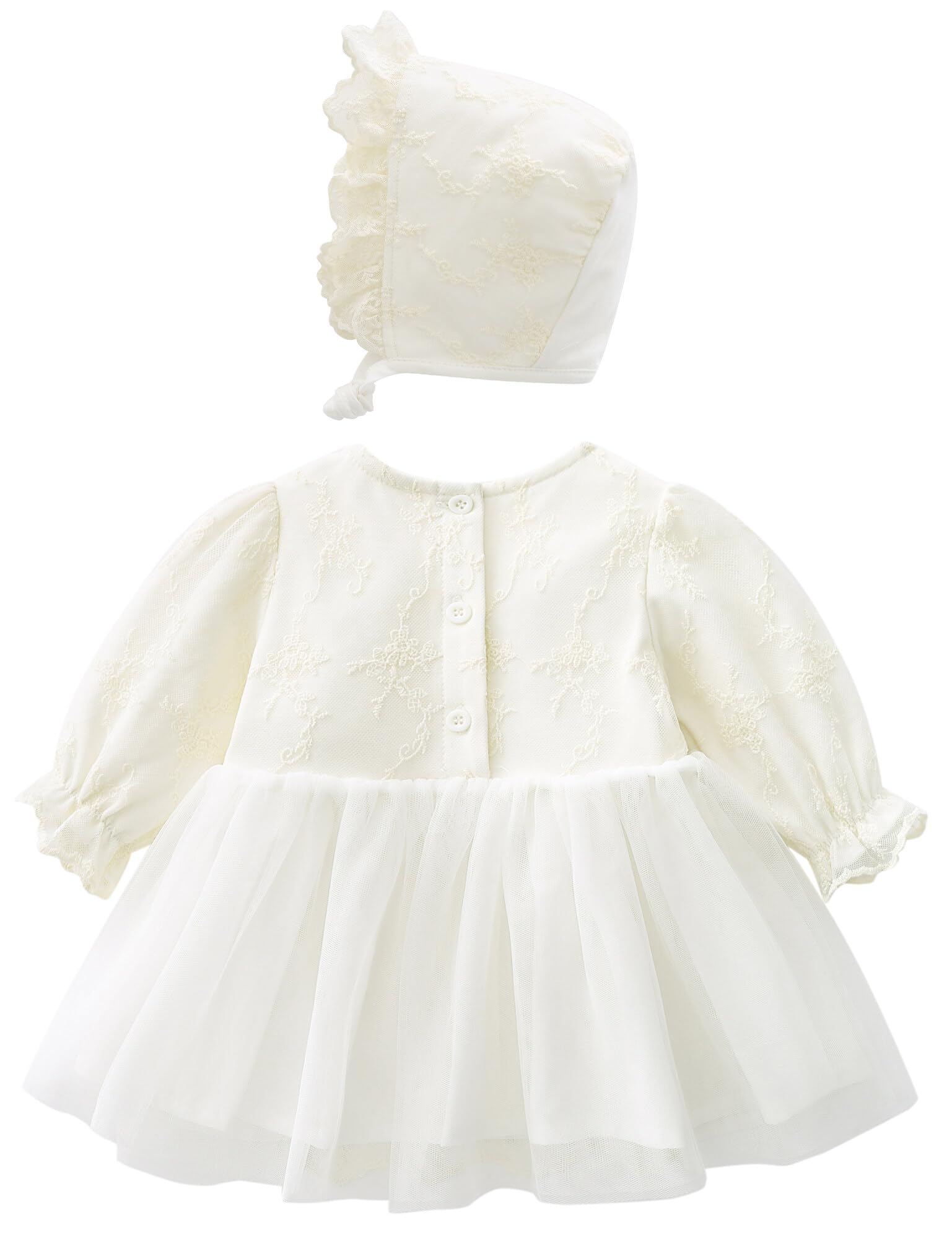 Happy Cherry Neonata Abito da Battesimo Maniche Lunghe/Senza Maniche Bambina Vestito da Matrimonio Compleanno Festa Bianco Elegante Abitini da Principessa + Cappello 0-24 Mesi