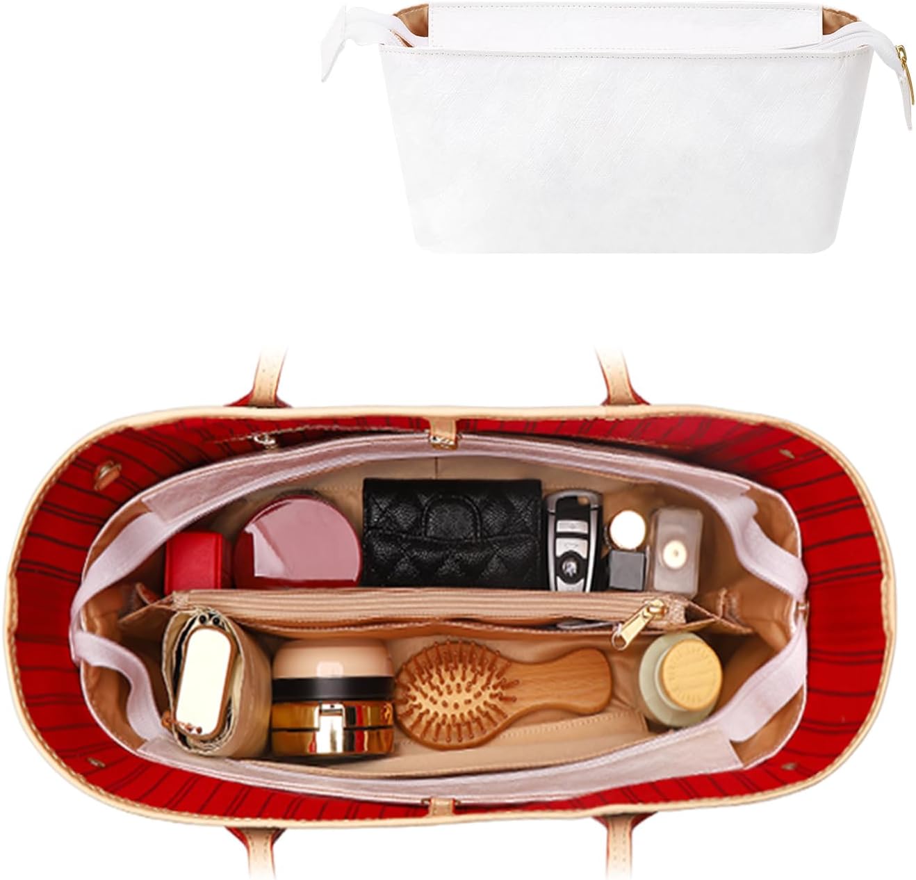 Upgraded Tote Bag Organizer Insert Compatible with LV Neverfull GM, Lightweight Dupontpaper Purse Insert for Women Handbag with Zip and Pockets (White, GM)