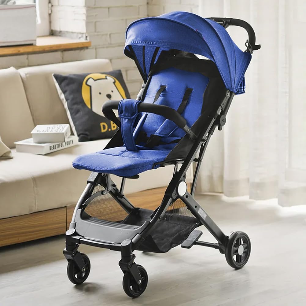 BAKAJI Passeggino Easy Ultra Leggero con Chiusura Facilitata Portata Massima 15 kg, Schienale Reclinabile con Cintura di Sicurezza a 5 Punti, Pieghevole con Una Mano, Salvaspazio (Blu)
