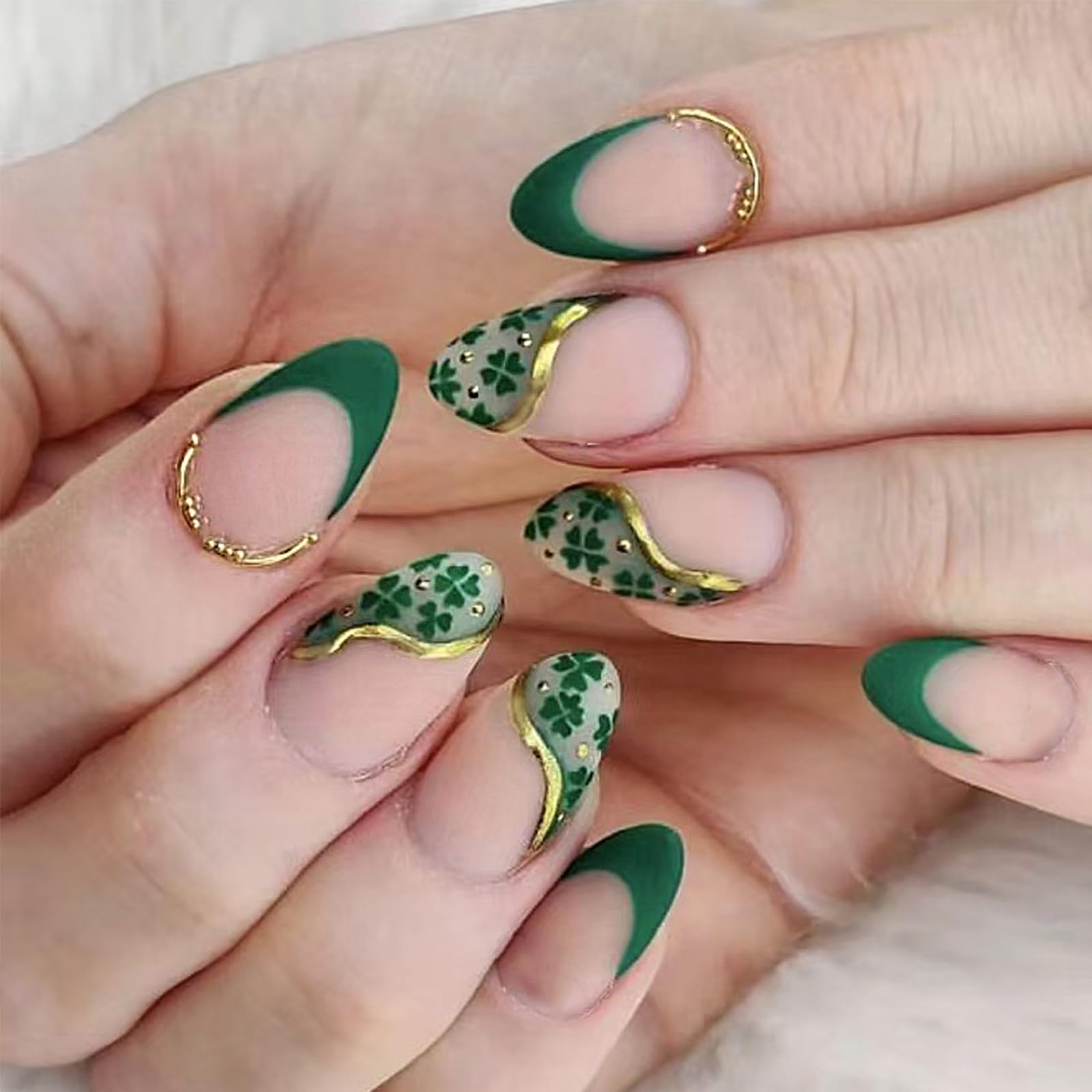 Green Clover Press on Nails Short Almond St. Patrick's Day Press on Nails with Green Shamrock French Tip Design Gold Edge False Nails St Patricks Glue