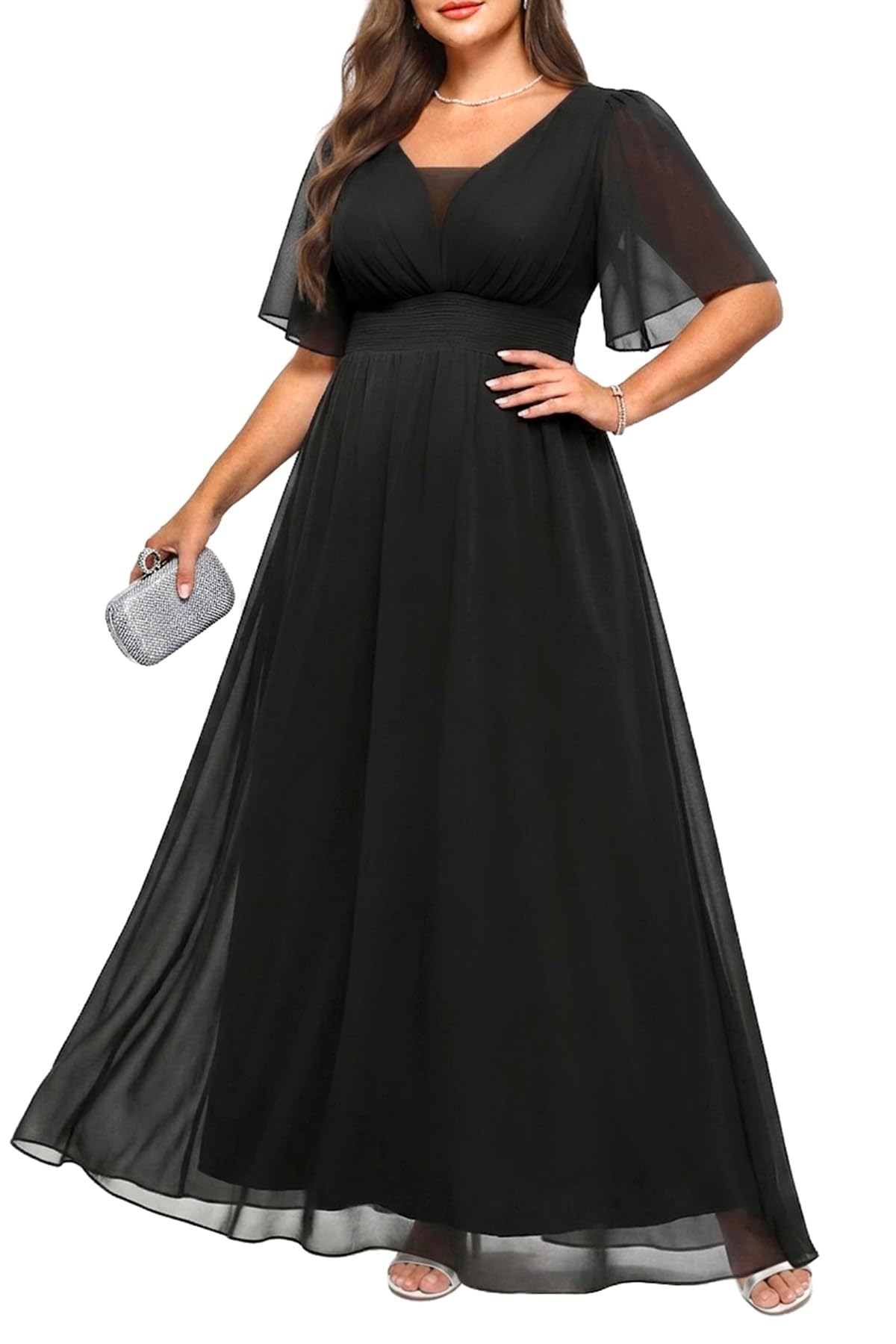 Talisea Formelle Kleider in Übergröße – V-Ausschnitt, Flatterärmel, Abendkleid, Brautjungfer, Hochzeit, Gäste, Chiffon, langes Maxikleid